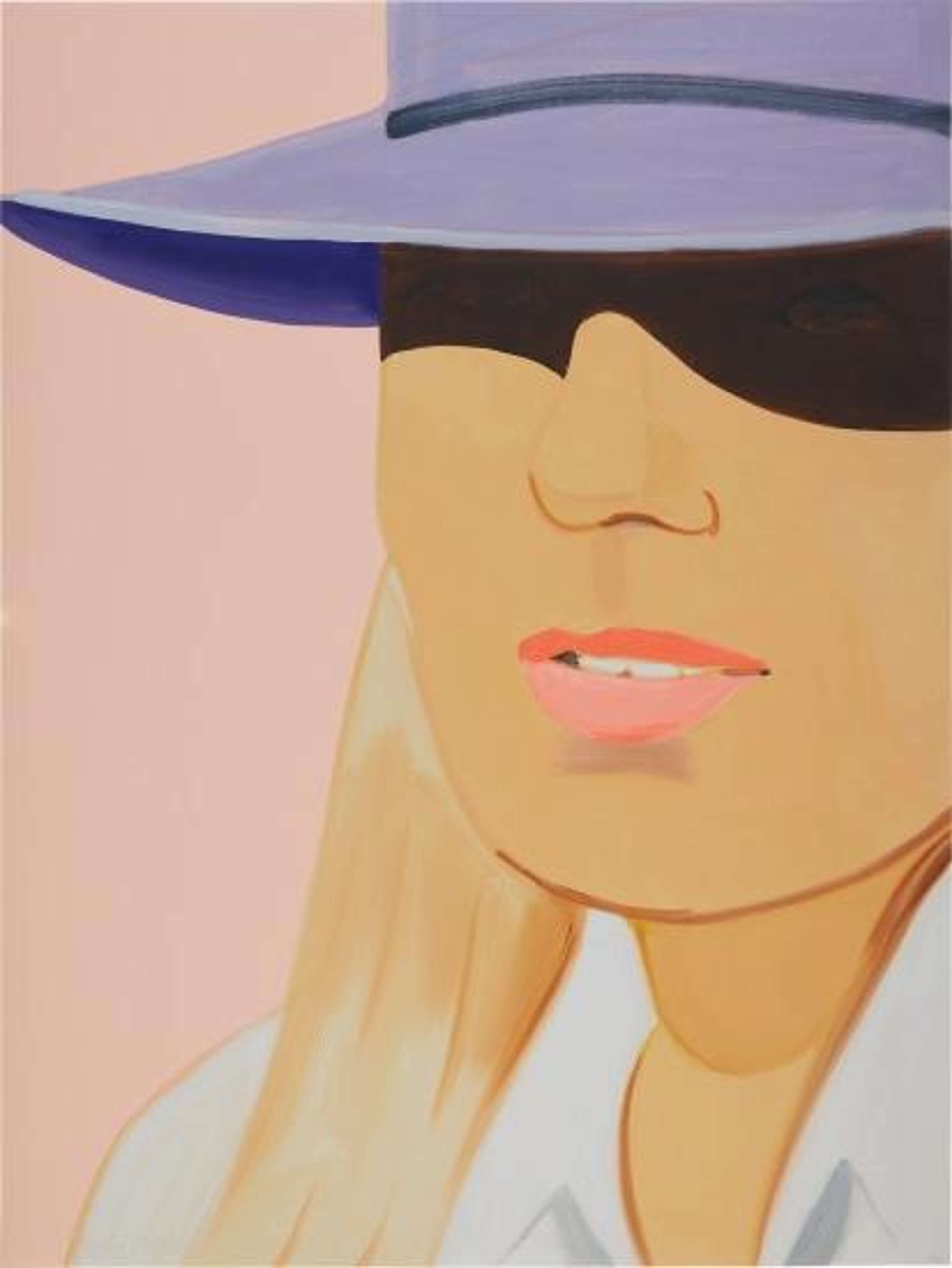 Pigment print of a woman's face with her hat shading her eyes from the sun shine