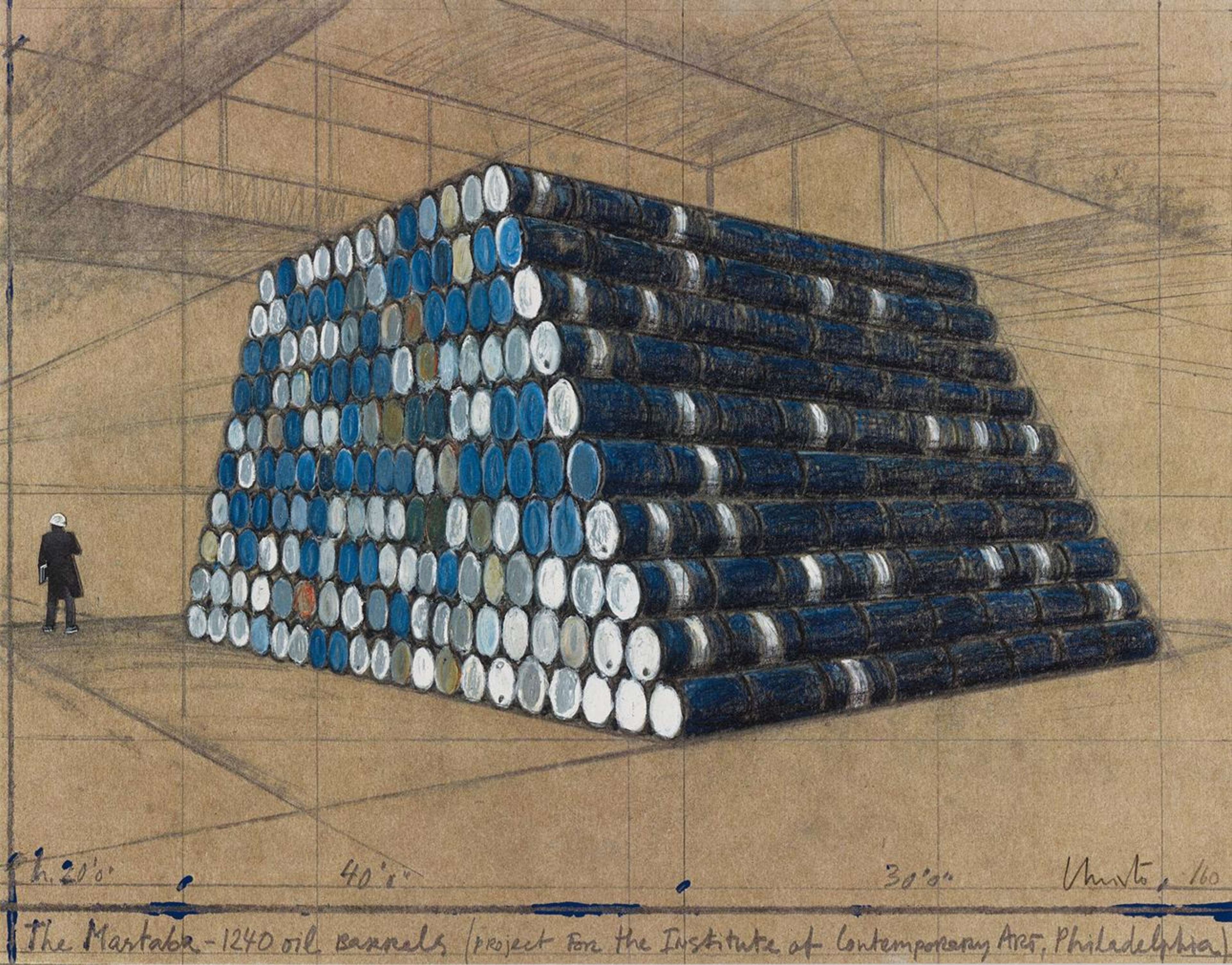 Une estampe planographique représentant des fûts d'huile empilés, avec une petite silhouette humaine à l'extrême gauche de la composition, des lignes graphiques laissées sur le plan pictural et des inscriptions de l'artiste rédigées sur la bordure inférieure de l'œuvre.