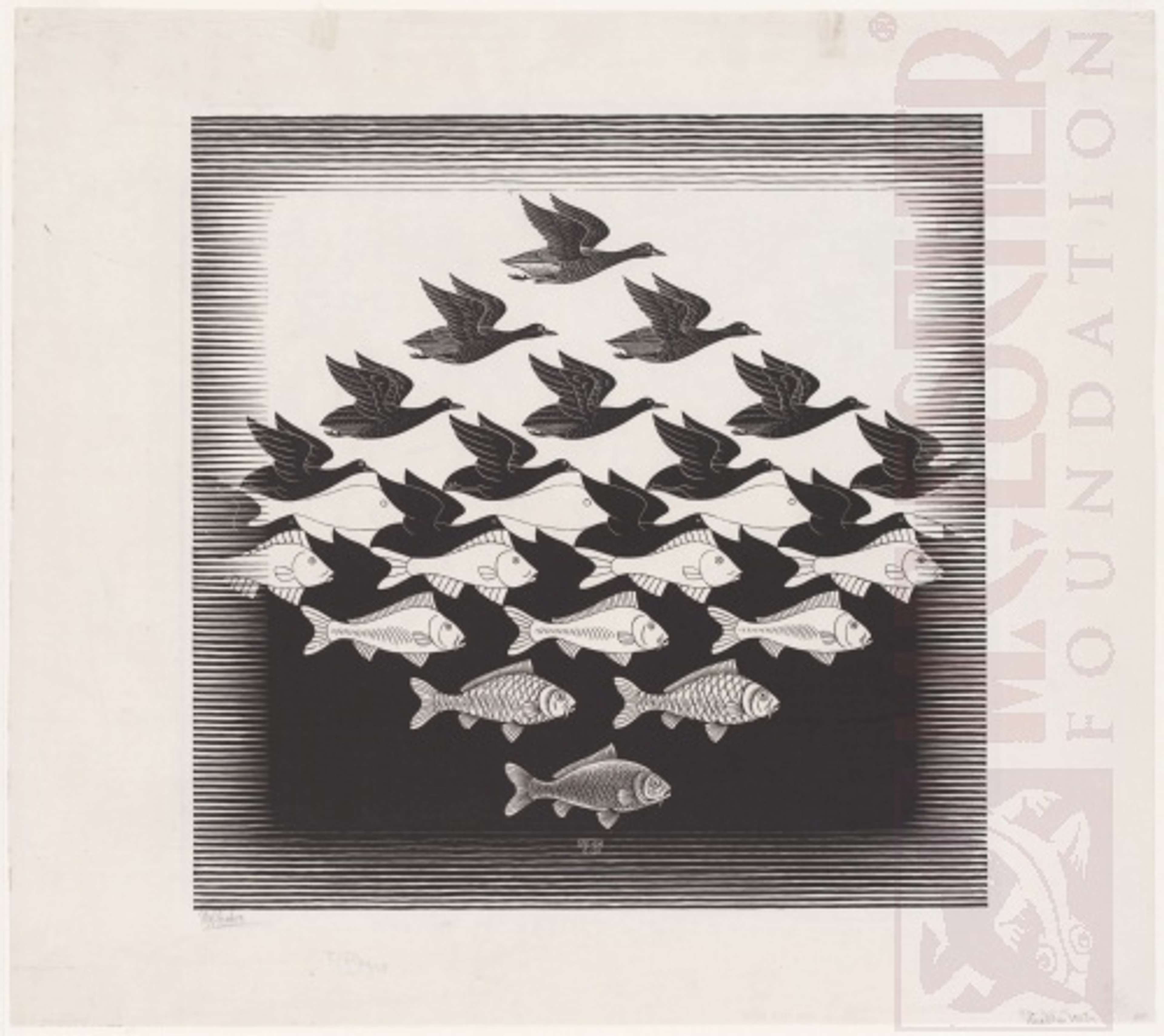 « Ciel et Eau » de M. C. Escher. L'estampe représente des poissons et des oiseaux en pavage.