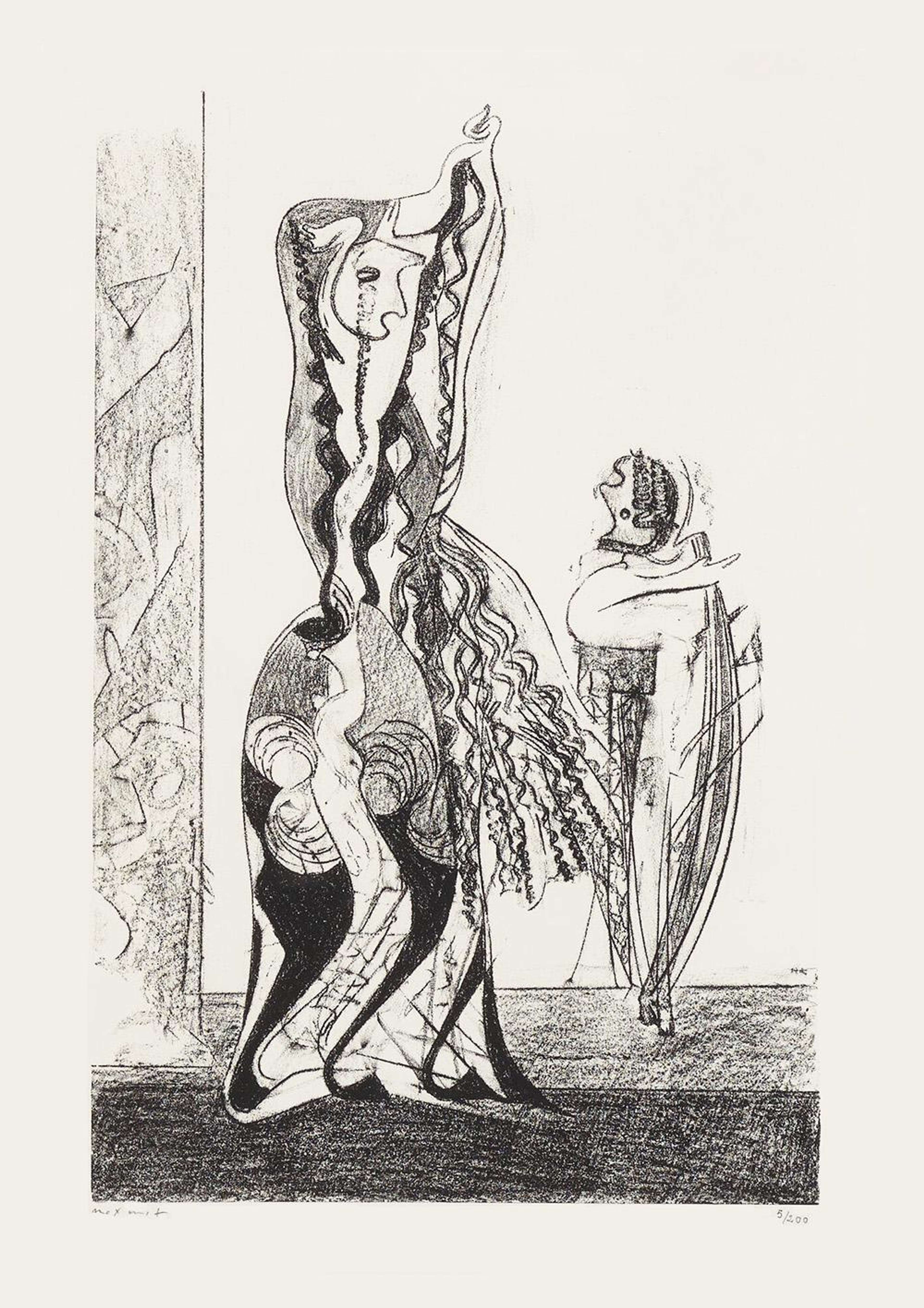 Une estampe lithographique monochrome détaillée représentant deux personnages humanoïdes. Chaque personnage est orné de détails surréalistes et d'un mélange de motifs organiques et géométriques.