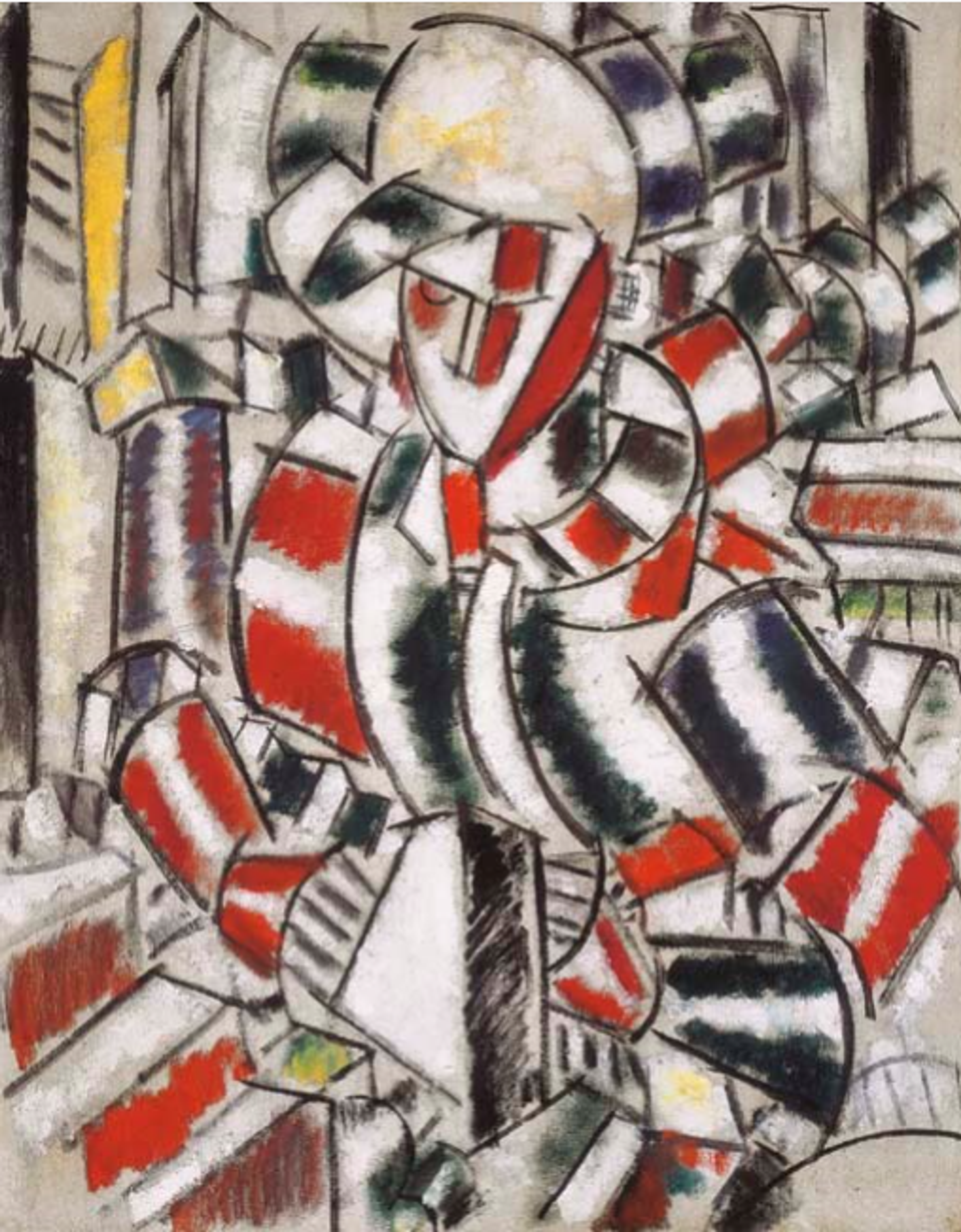 A Cubist painting dominated by roughly-coloured red, white, and black geometric shapes. The fragmented composition suggests a human figure through overlapping planes and cylindrical forms. Angular lines mark out her features and create a sense of movement throughout the canvas, with layered, repeated shapes suggesting three-dimensionality.