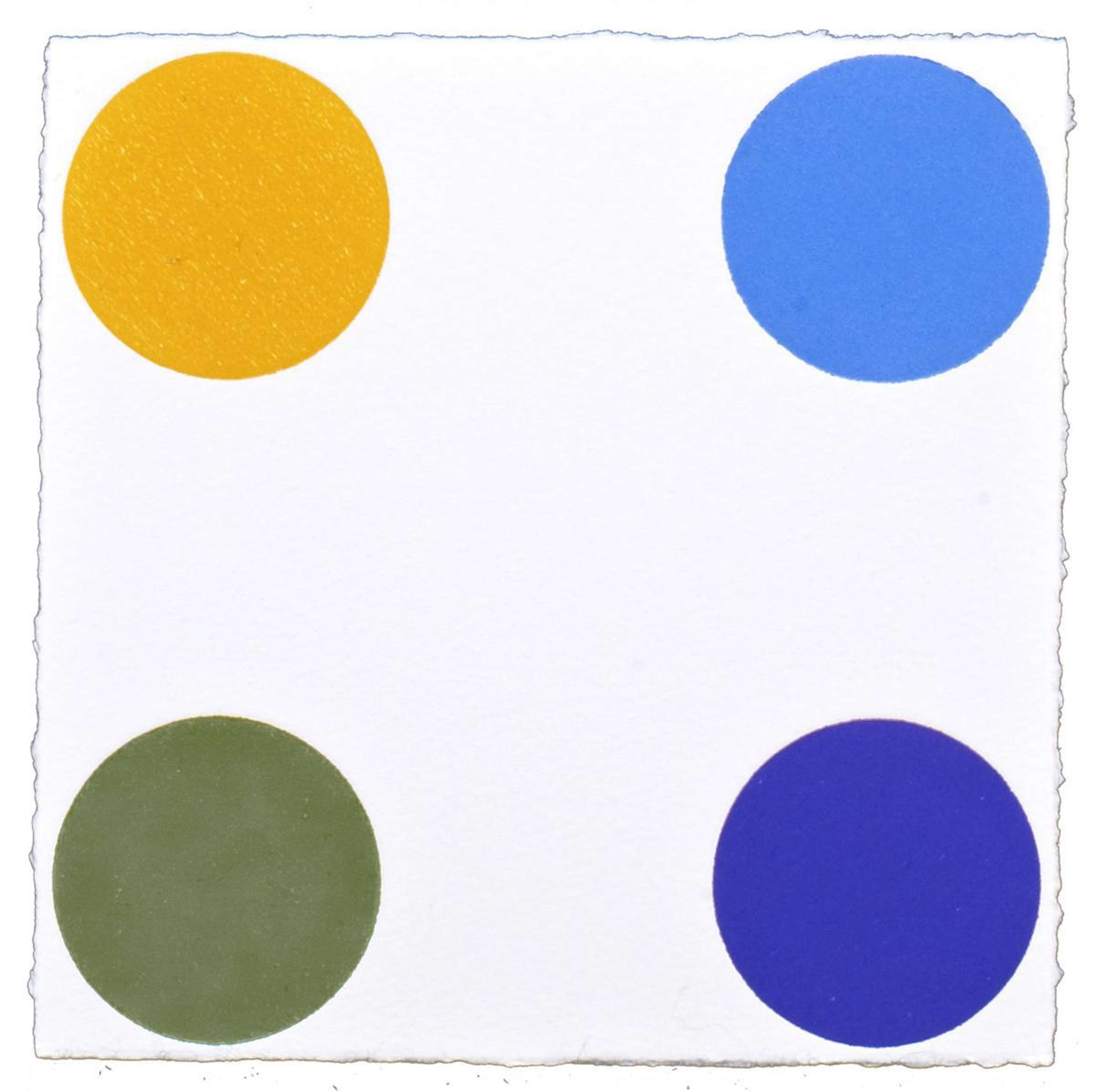 The print is a square composition with four circles positioned in each corner. Set against a plain white backdrop, the spots are depicted in flattened colours of yellow, sky blue, khaki green and royal blue.