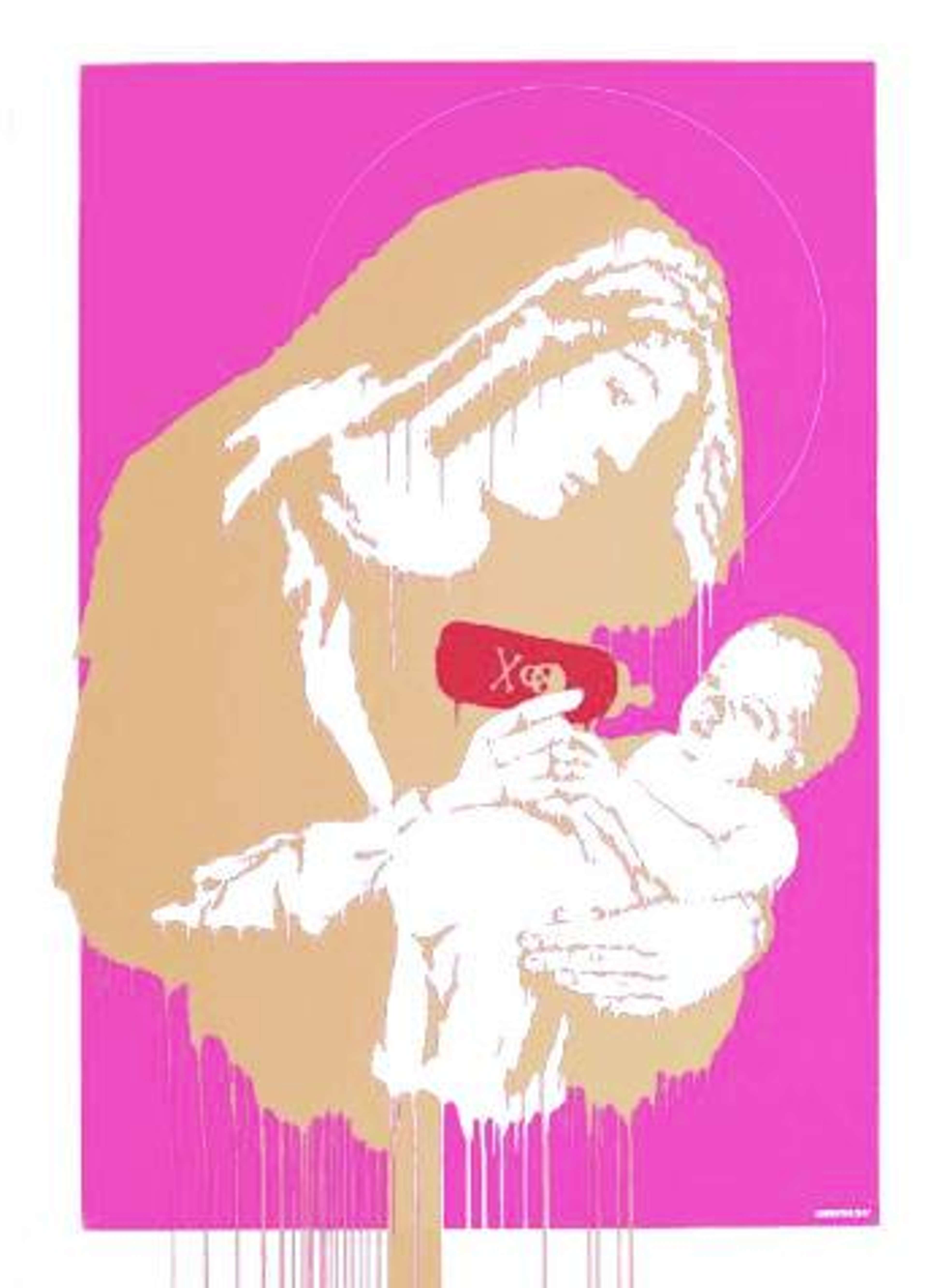 A pink variant of Banksy’s Toxic Mary, showing the Madonna feeding her baby from a bottle marked with a skull-and-crossbones.