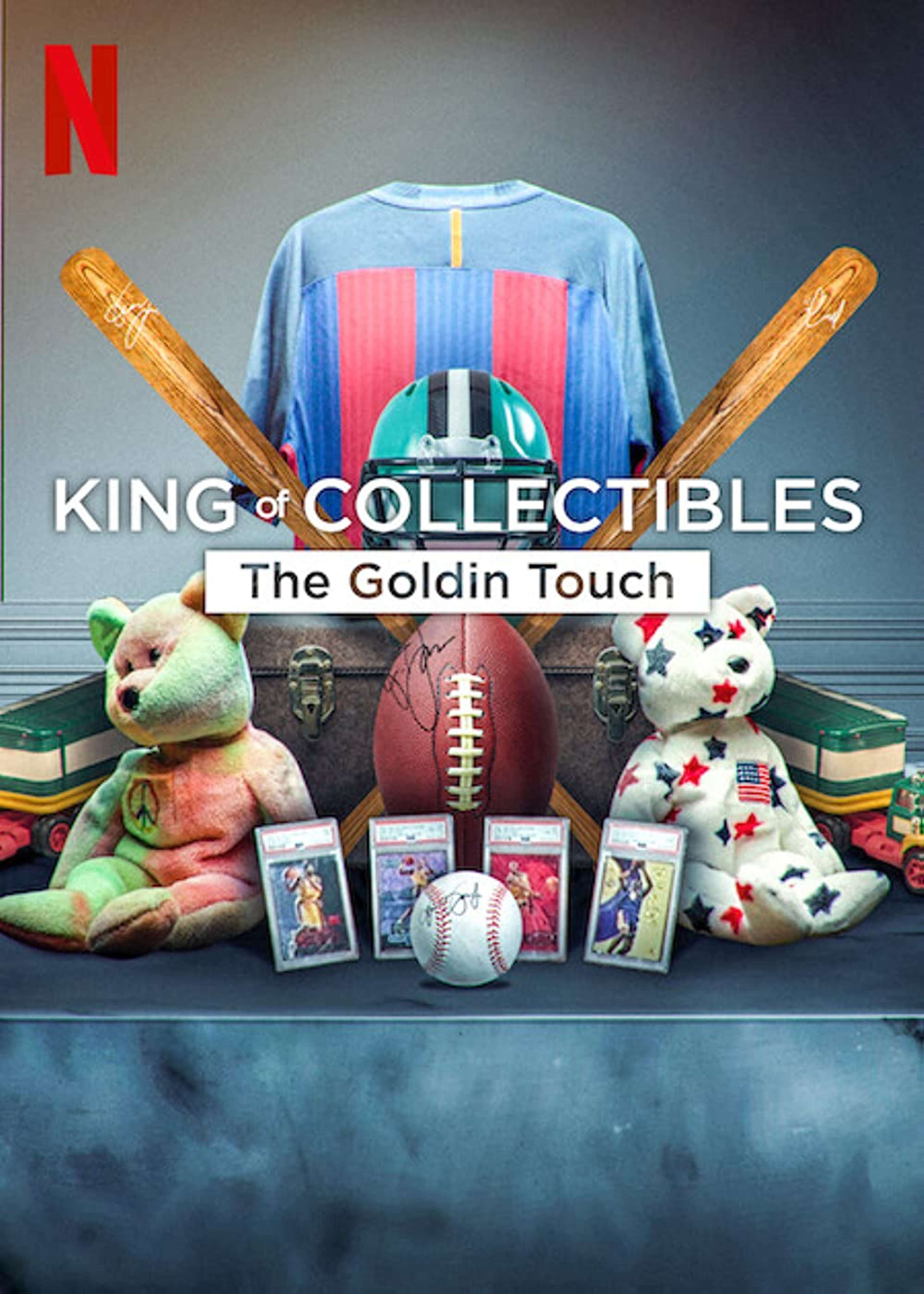 Une image de l'affiche de « King of Collectibles » de Netflix. Elle représente un tas d'objets de collection, notamment des ours en peluche, un ballon de football américain signé et des battes de baseball, des cartes à collectionner et un maillot. L'affiche met en scène "The King".
