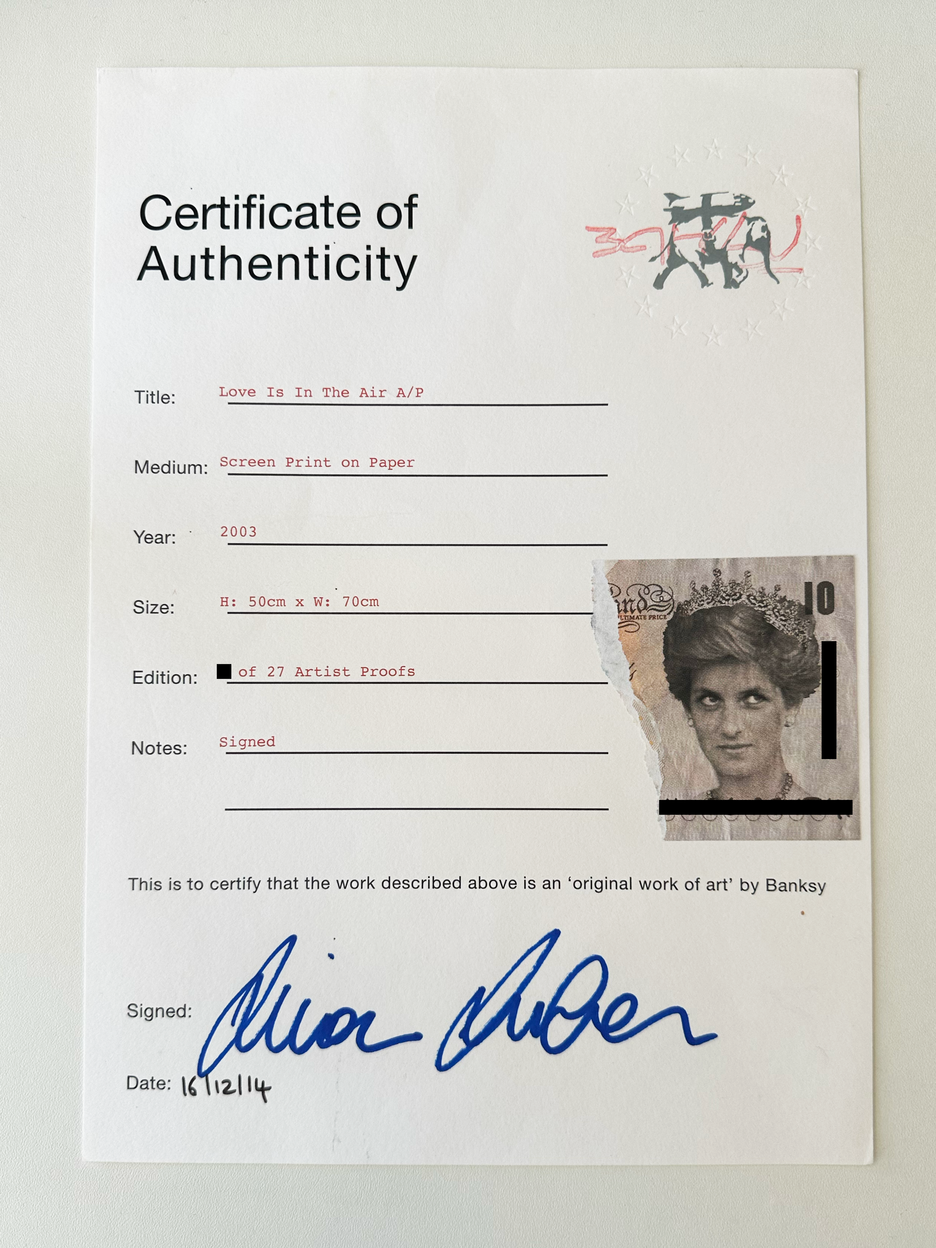 Certificate of Authenticity for Banksy's Monkey Queen, issued by Pest Control in 2013, listing the work as a signed screenprint from 2003, edition of 750, with embossed seal and signature.
