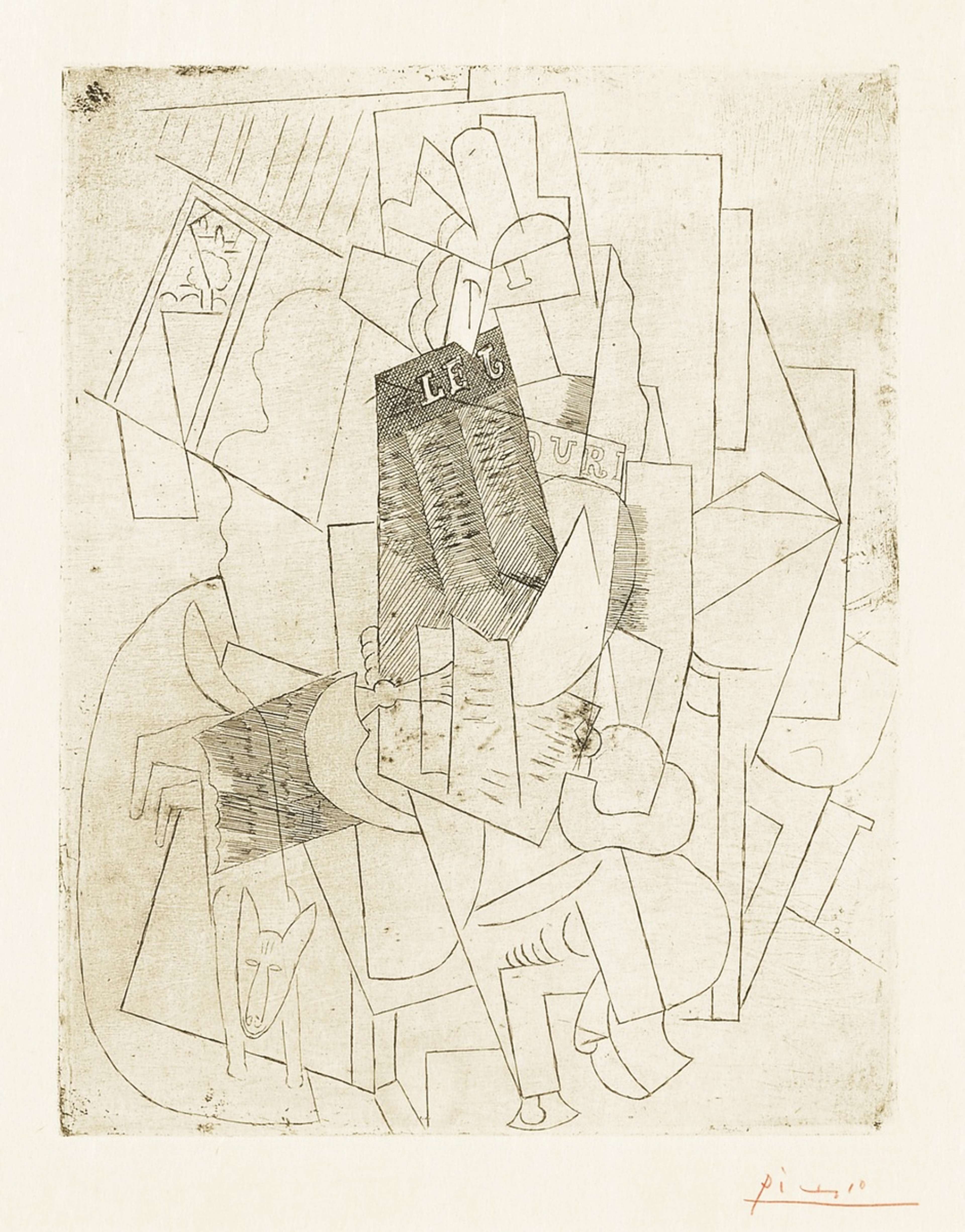 Une image de l'estampe monochrome « L'Homme Au Chien » de Pablo Picasso. Elle représente une figure masculine de style cubiste, lisant le journal avec un chien cubiste à ses pieds.