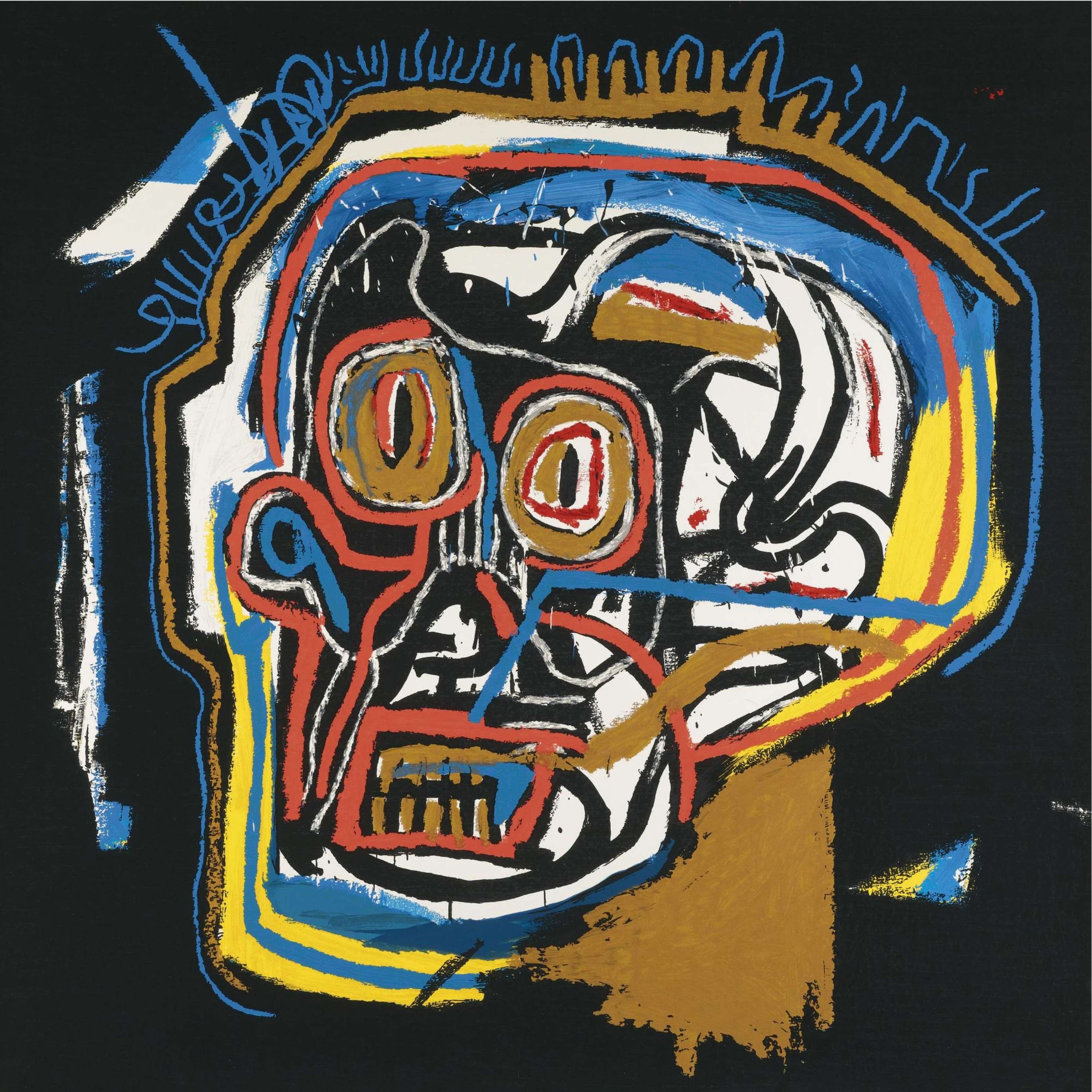 Tête couronnée expressive avec dents découvertes, traits noirs audacieux et tons vifs de jaune, rouge et bleu dans le style de Basquiat.