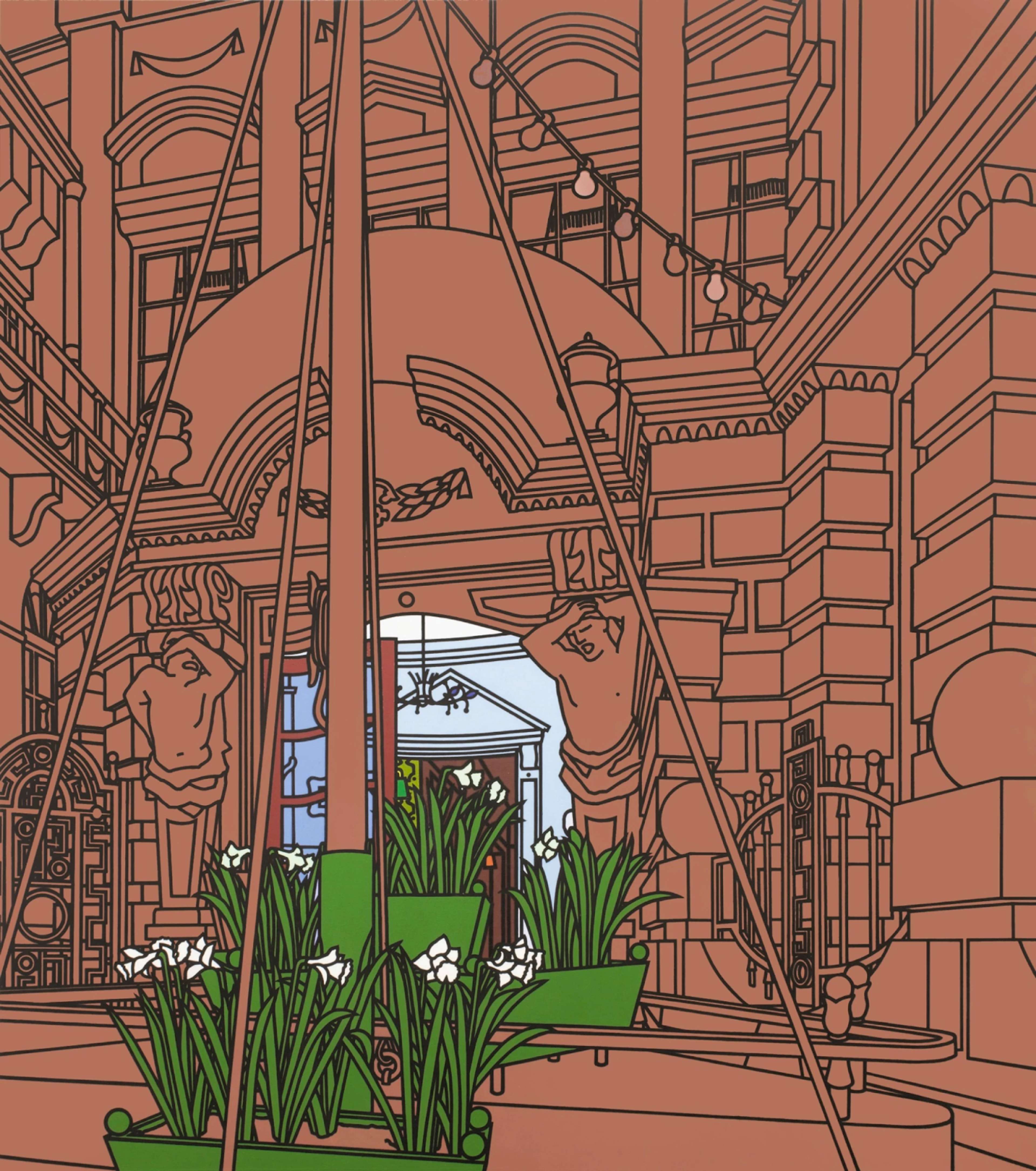 A vacant interior space with a high ceiling and intricately adorned walls. In the foreground, there are green flower beds leading into a separate room. The background reveals a blue-painted room against the dominant blush hue of the work.