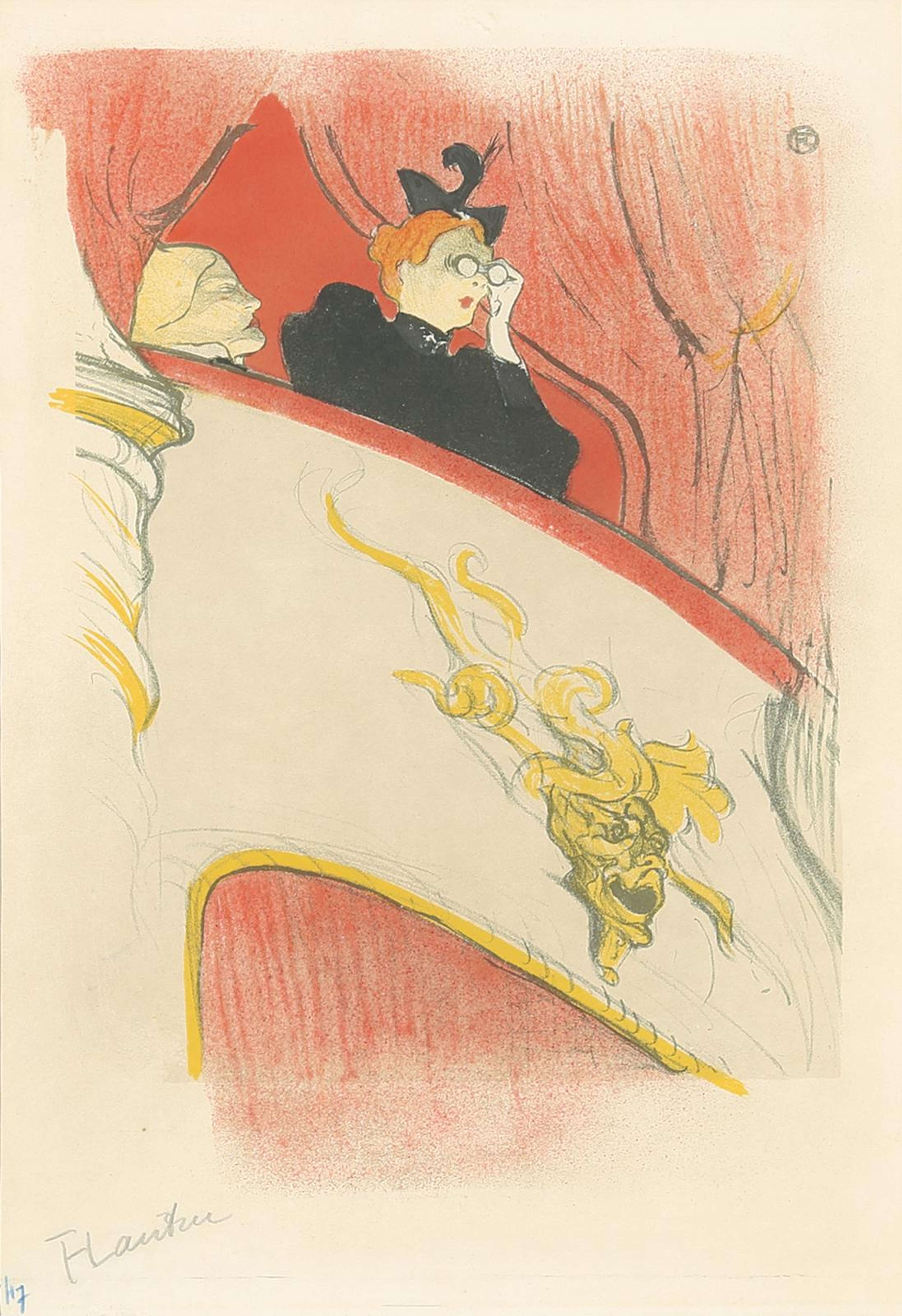 Une femme est représentée debout sur le balcon d'un théâtre, observant peut-être un opéra. Elle tient une paire de jumelles devant ses yeux et porte une élégante robe noire, "Black Dress". Le spectateur semble la regarder depuis les sièges situés en contrebas. Le balcon présente des ornements dorés et un épais rideau rouge pend derrière elle. Le style du dessin est doux, à la fois délicat et détaillé.