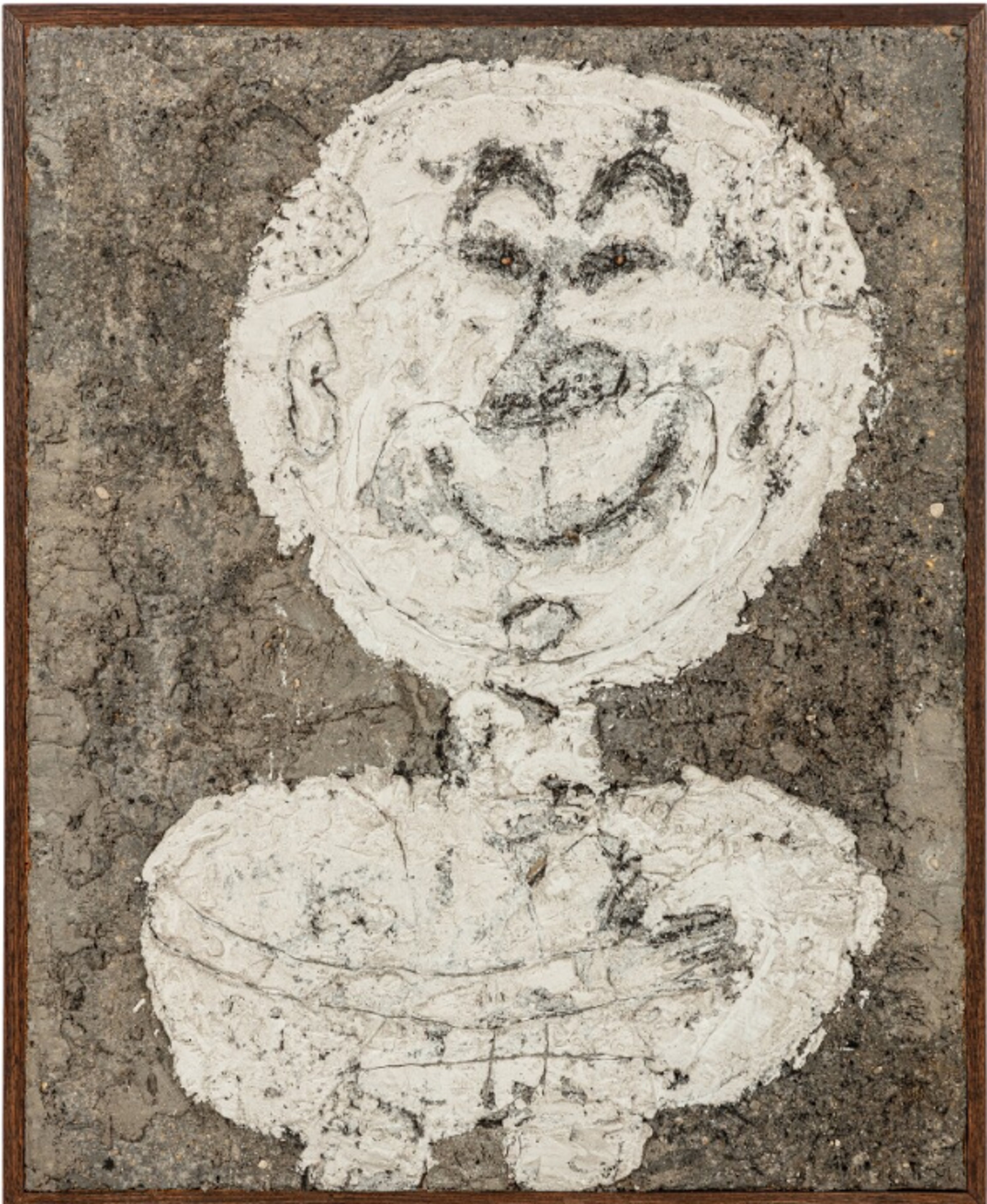 A crude, primitive-style artwork depicting a simple white figure against a textured grey-brown background. The figure has an unnaturally round head with facial features and a simplified body below, rendered in a raw, childlike manner with thick brushstrokes.