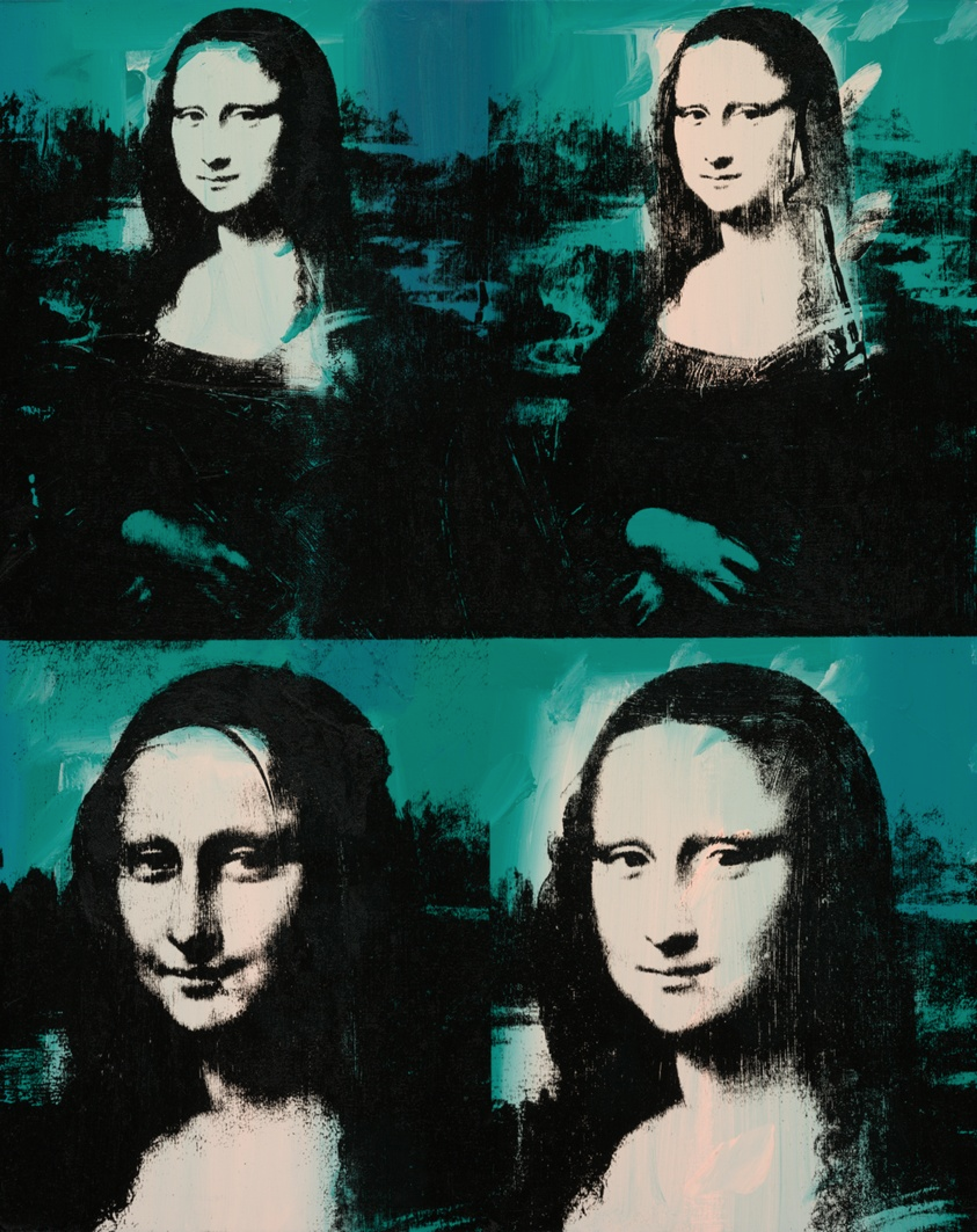 Une image de l'estampe « Four Mona Lisas » d'Andy Warhol. Le tableau de Vinci est reproduit quatre fois, avec des degrés de détail et des perspectives variés. La figure est en noir et blanc, entourée de larges bandes de couleur sarcelle.