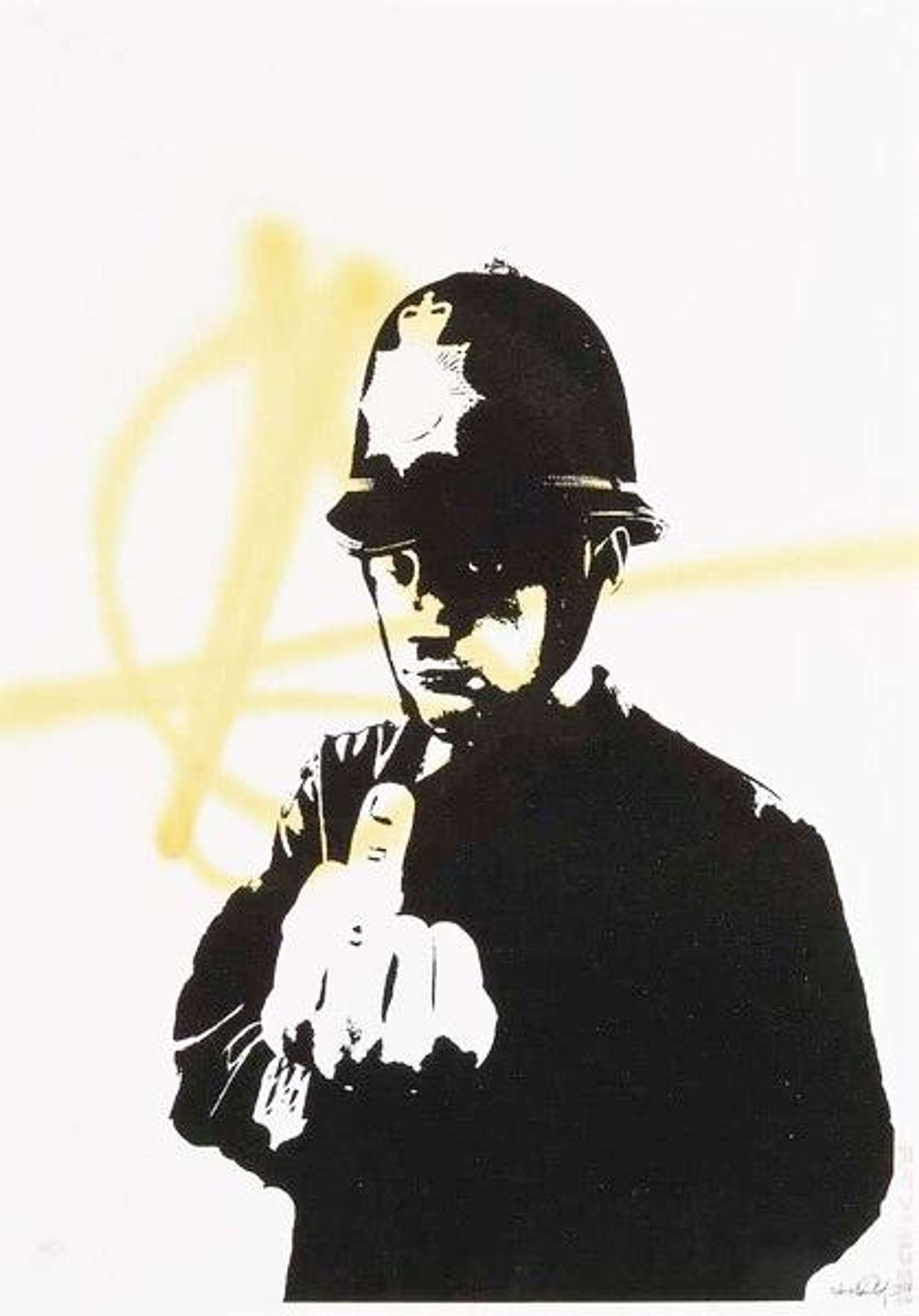 A black-and-white screenprint of a British bobby in a custodian helmet thrusting a foreshortened middle finger toward the viewer, backed by a yellow spray-painted ‘A’ shape.