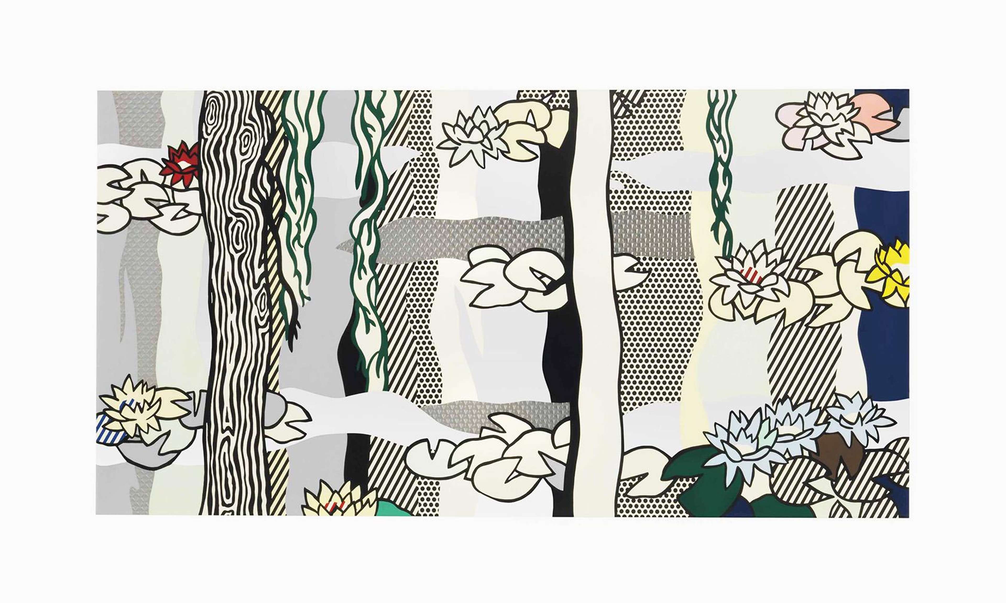 A screen print by Roy Lichtenstein, titled Water Lilies with Willows, depicting stylised water lilies, willow branches and tree trunks across a layered pond scene. The artwork features bold black outlines, Ben-Day dots, striped patterns and a muted palette of white, grey, green, blue and yellow, executed in Lichtenstein's Pop Art style.