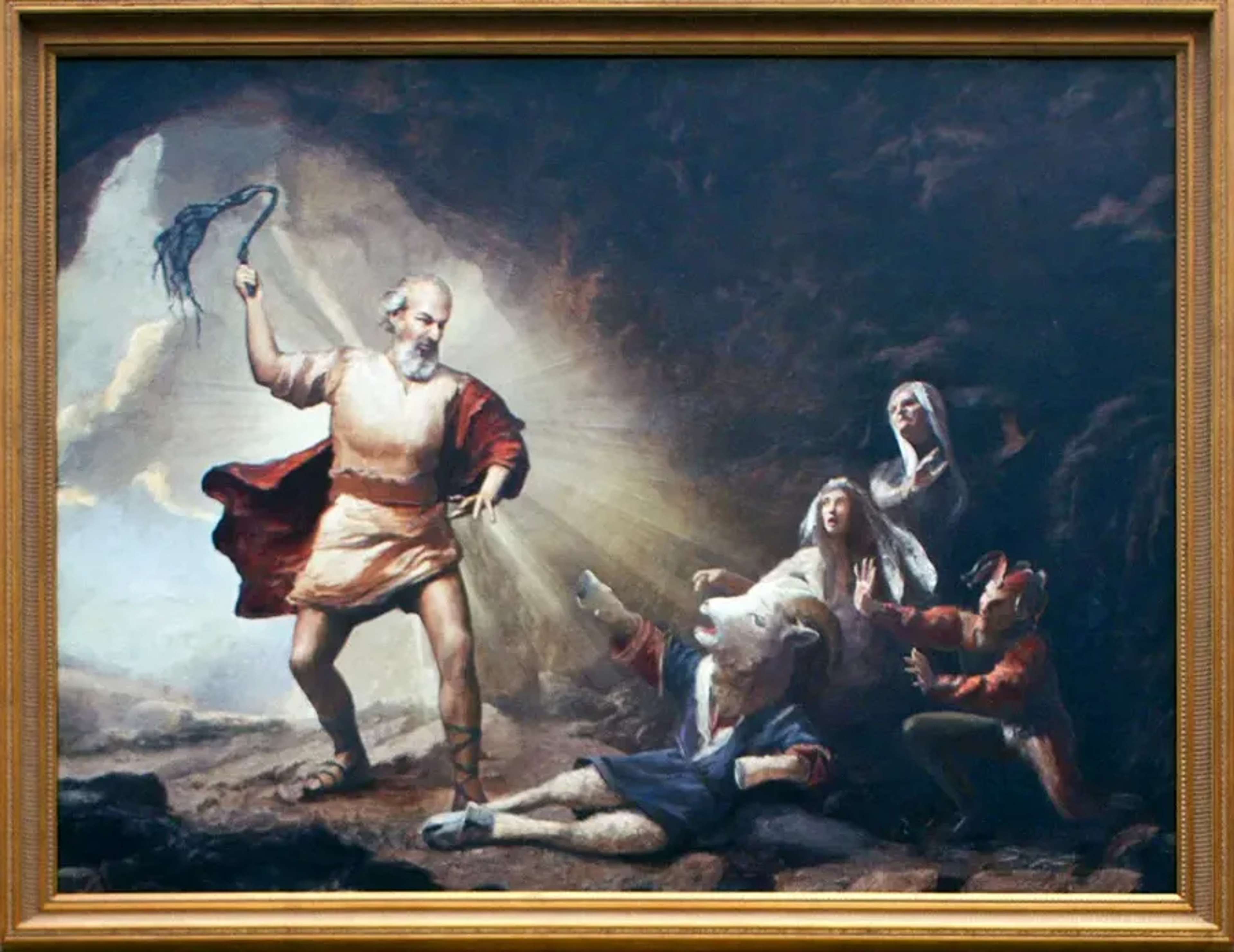 Ce tableau dépeint une scène dramatique dans un décor sombre et caverneux. Un homme barbu, vêtu d'une tunique et d'une cape rouge, se tient debout, fouet levé, éclairé par une lumière divine ou surnaturelle. Il semble faire face à un groupe de personnages, dont une personne à tête de bouc, qui recule de peur. Derrière eux, deux femmes aux vêtements flottants observent la scène avec effroi. La composition évoque un moment de jugement ou d'expulsion, faisant peut-être référence à des thèmes historiques ou bibliques.