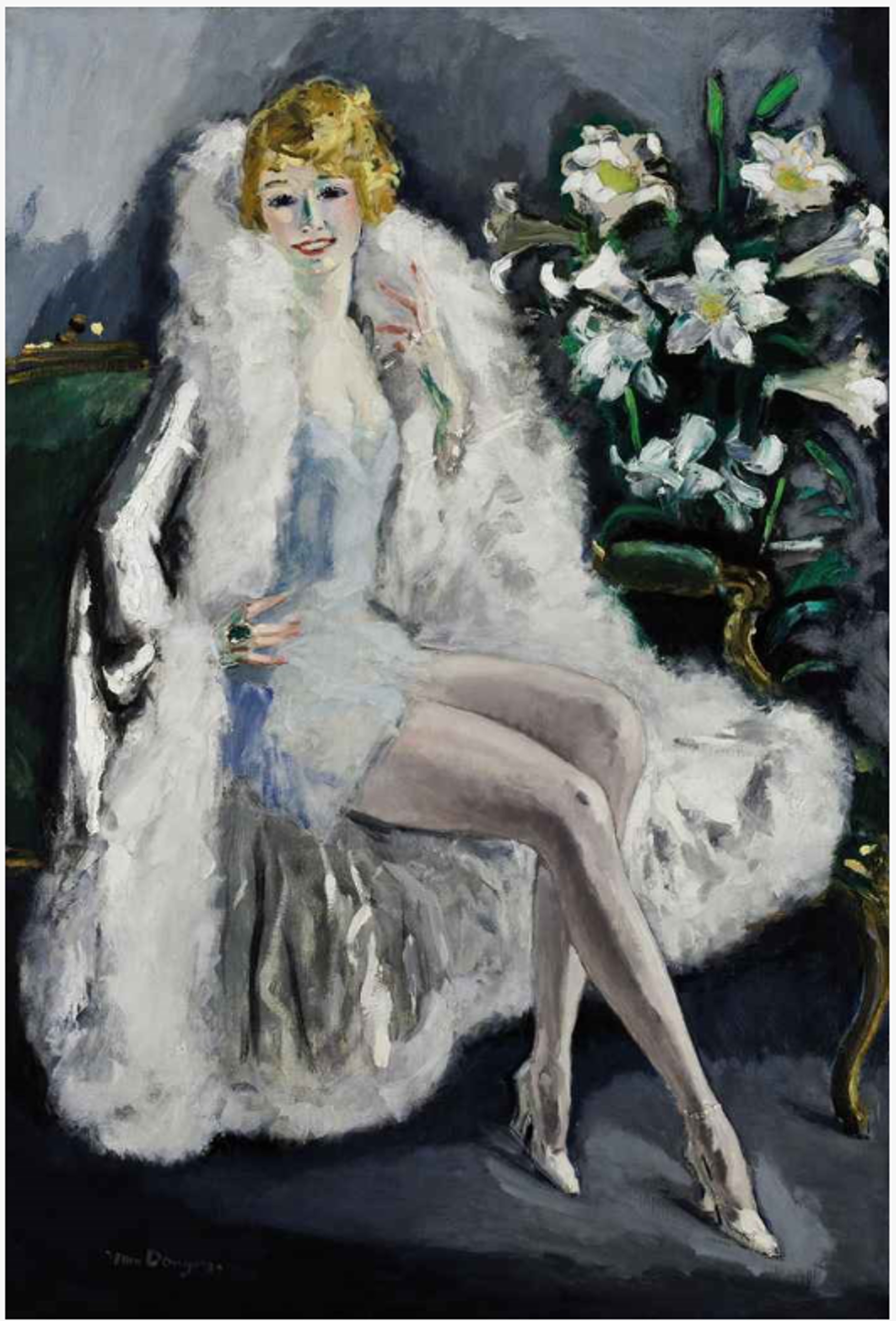 A glamorous woman in a luxurious white fur coat with silk inner lining seated in a green settee against a dark background with white flowers. Her pale skin contrasts with her blonde hair and the setting. Her form is elongated, with legs seductively bent before her. 