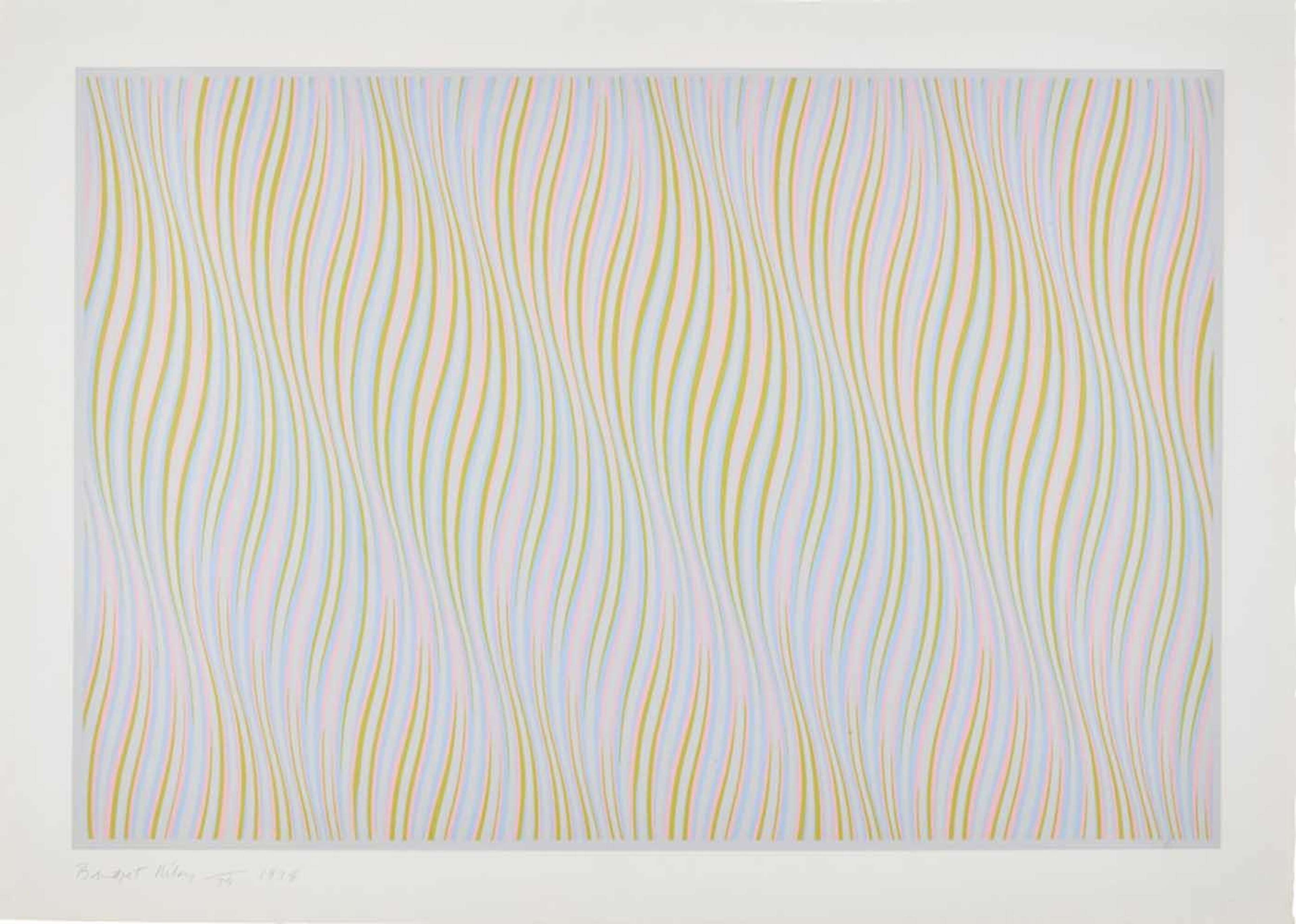 « Untitled (Rose) » de Bridget Riley. Une sérigraphie Op Art représentant des motifs ondulatoires multicolores.