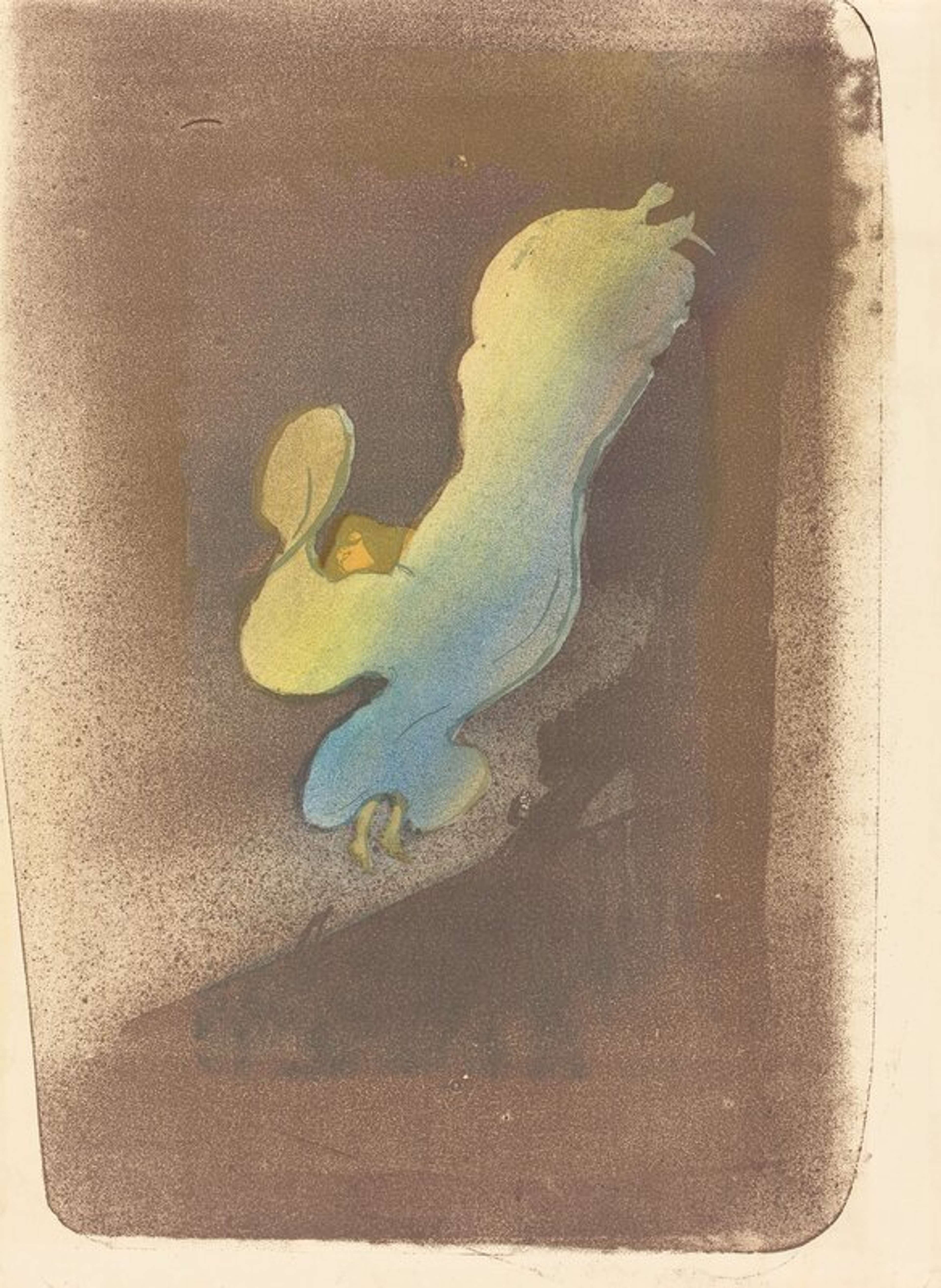 Une lithographie représentant la danseuse américaine Loie Fuller exécutant sa célèbre danse serpentine. Sa silhouette est abstraite en formes tourbillonnantes, semblables à des rubans, tandis que son costume de soie ondule autour d'elle. Le mouvement dramatique est rendu par des formes fluides de jaune et de bleu, suggérant un éclairage de scène. Fuller semble émerger et se dissoudre dans ces formes en spirale.