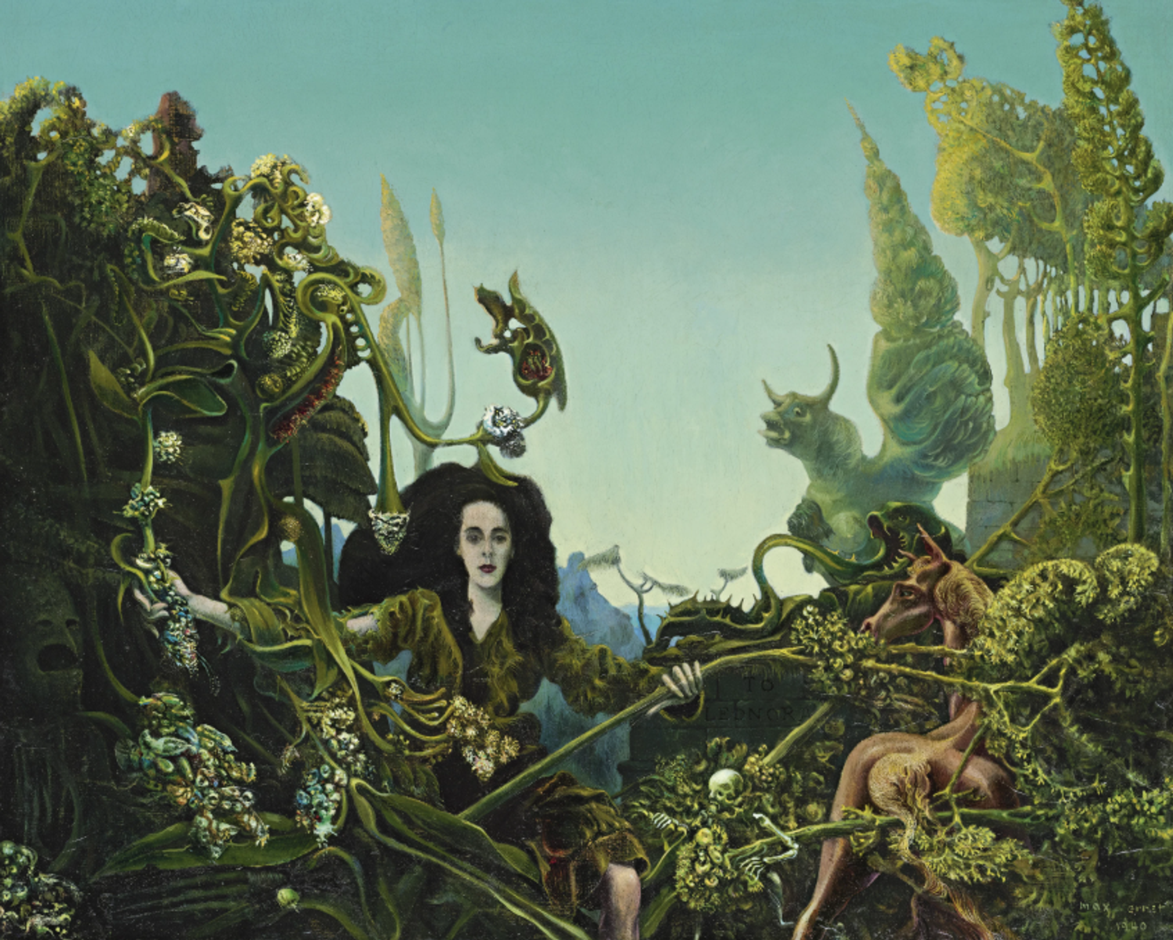 A black-haired pale-skinned woman is pushing her way through a tangled vivid green jungle. Among the winding vines and complex textures are almost-recognisable forms, including skulls, animal faces, and trees.