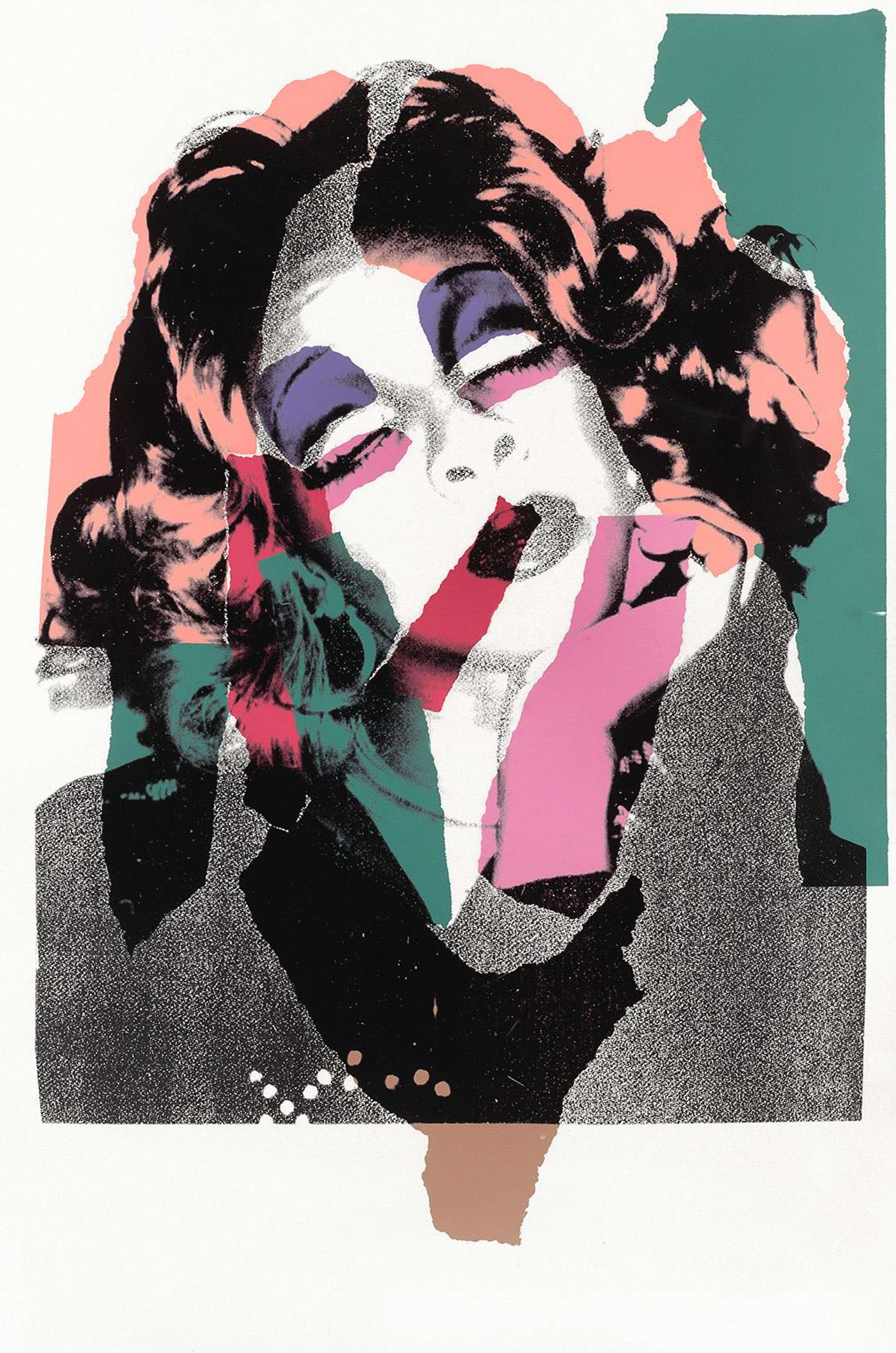 A screen print by Andy Warhol, titled Ladies and Gentlemen, depicting a fragmented portrait of a woman with closed eyes, dark curled hair and bold purple eye shadow. The artwork features layered photographic textures with torn collage-like blocks in pink, teal and black, executed in Warhol's Pop Art screen printing style.