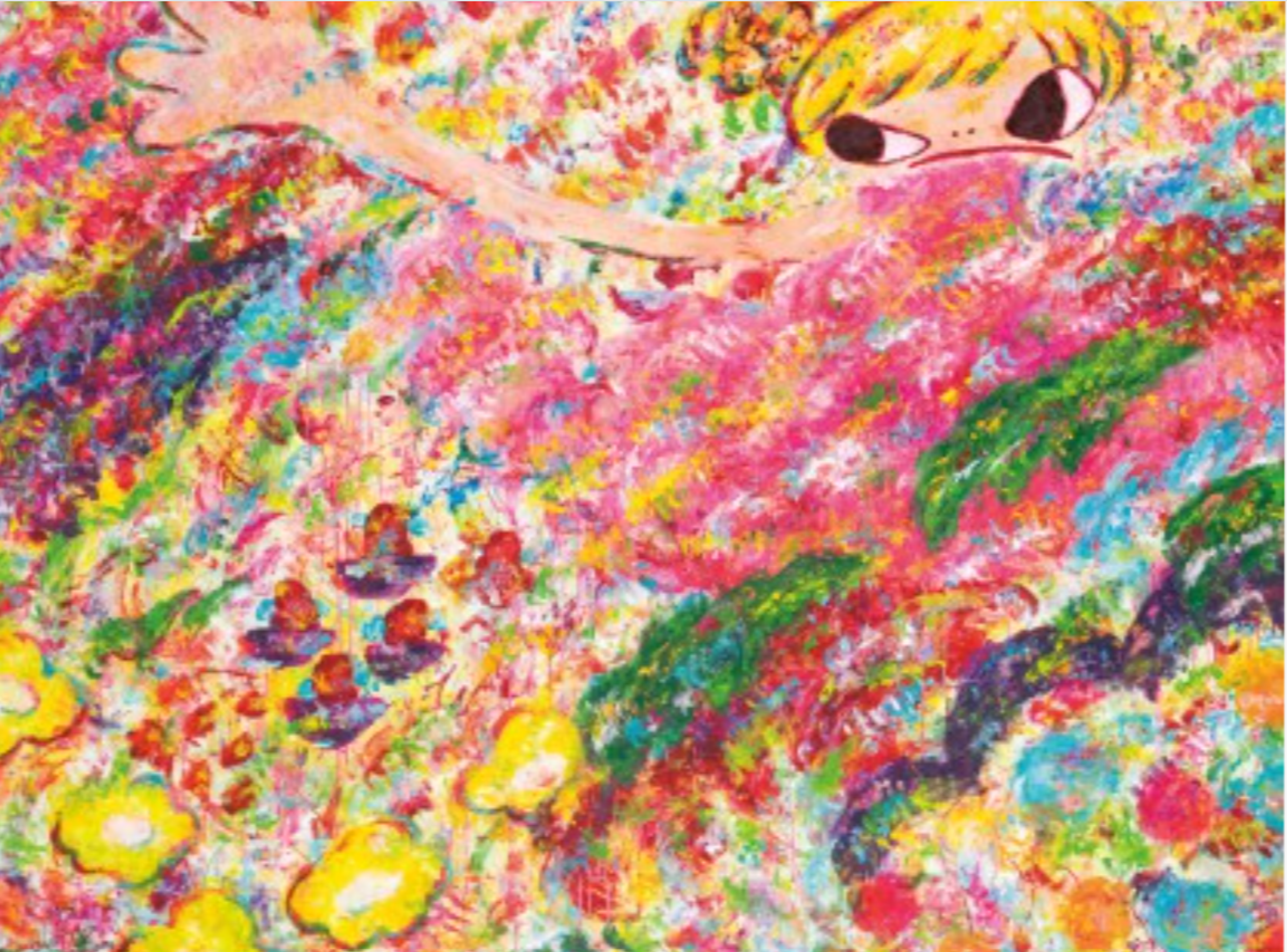 An intensely colourful abstract artwork with prominent yellows and pinks, featuring scattered flower shapes amid the bright, expressive finger-painted background. A child-like female figure, painted in anime style, can be seen emerging out of the colour towards the top. She has an angry expression on her face.