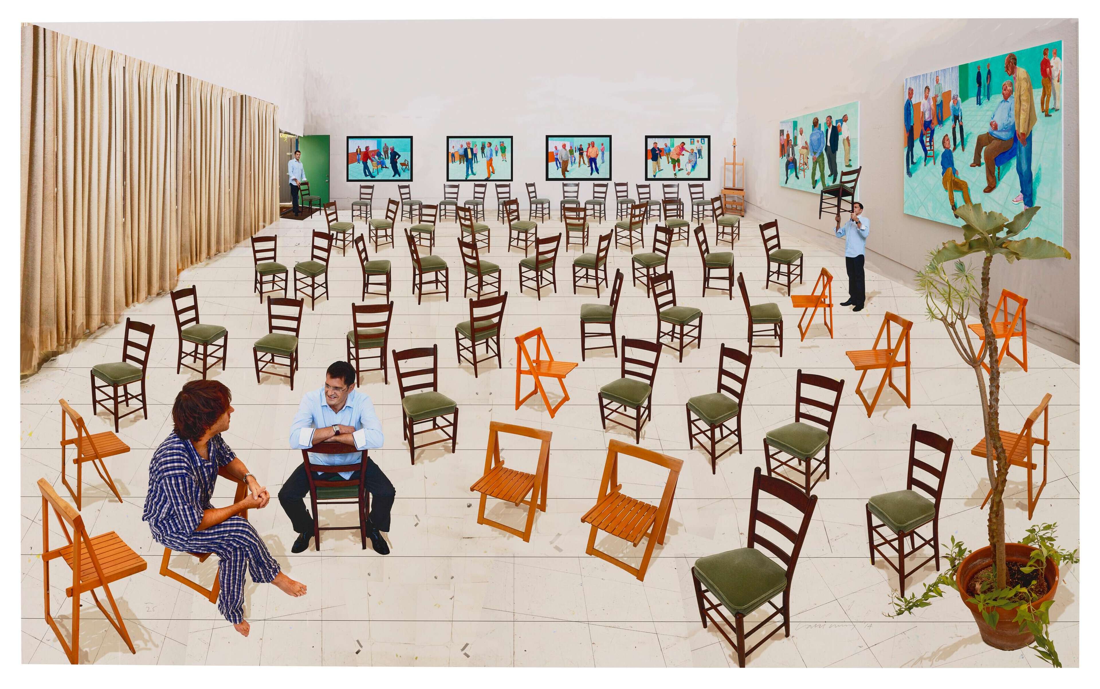 Ce photomontage représente une grande salle, remplie de chaises majoritairement vides à l'exception de deux, où deux hommes sont assis et discutent. Des reproductions de tableaux de Hockney sont visibles sur les murs du fond.