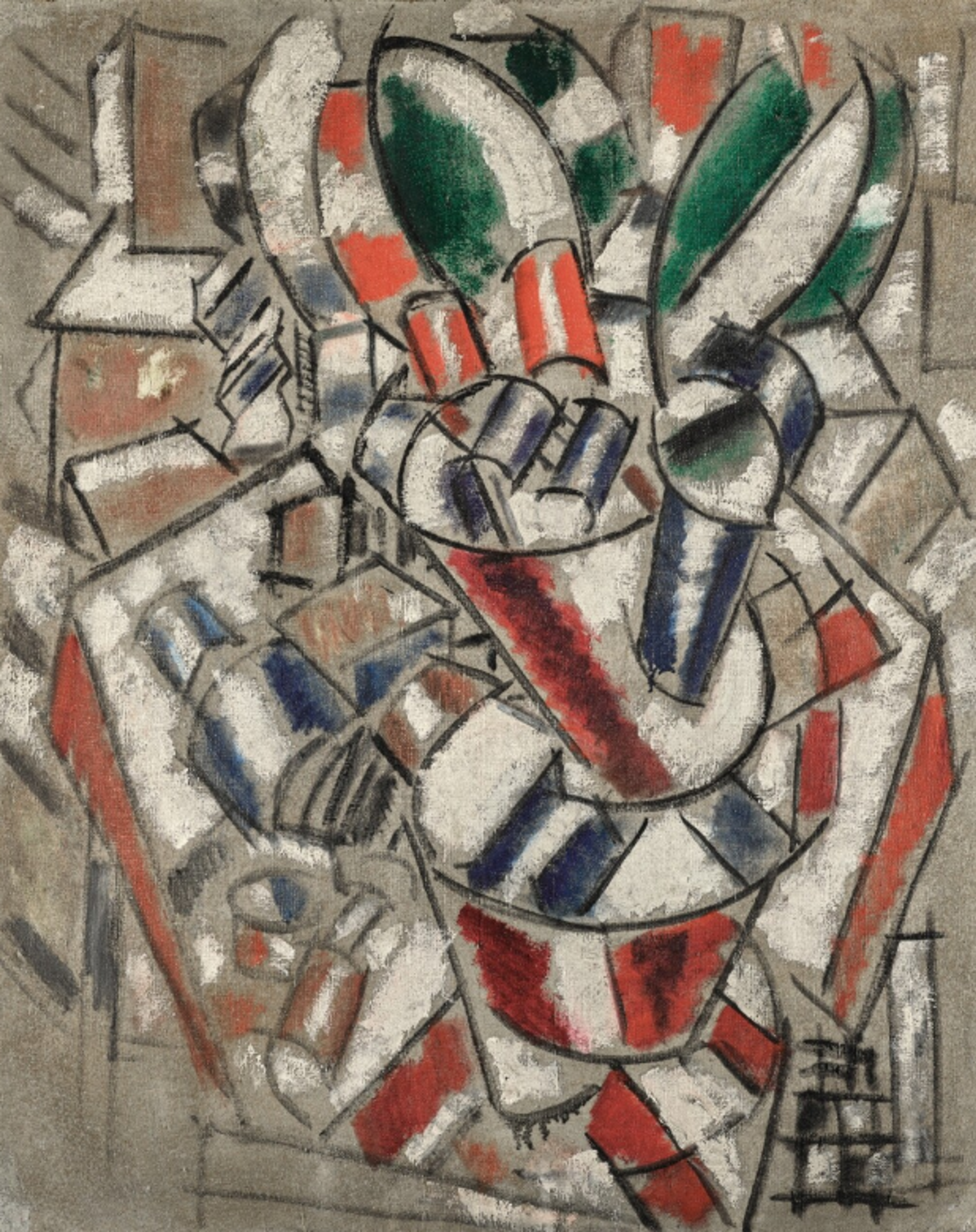A Cubist still life featuring fragmented objects in muted greys, whites, blues, greens, and reds on a light brown background. The composition shows overlapping geometric planes and cylindrical forms arranged in a complex spatial arrangement, each roughly coloured as if with pastels. There is the suggestion of three-dimensionality to the shapes, with curved forms suggesting common objects viewed from multiple perspectives simultaneously.