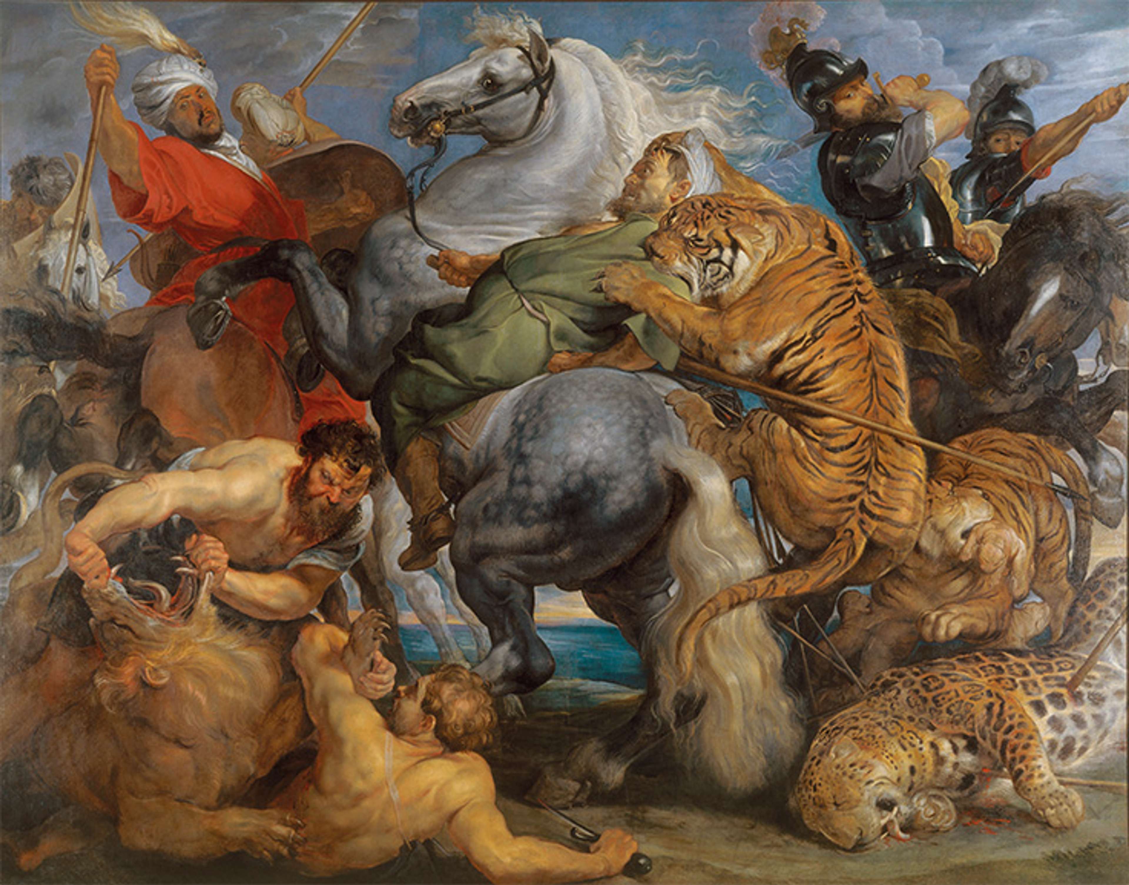 Une toile dépeignant une scène de bataille dramatique entre des humains et des animaux. En bas à droite, un homme lutte férocement contre un lion qui lui ouvre grand la gueule. Pendant ce temps, au centre de la composition, un tigre attaque un homme, le faisant tomber de son cheval blanc. En bas à gauche, un guépard inerte gît sur le sol. En arrière-plan, d'autres hommes à cheval s'engagent dans le combat avec d'autres bêtes.
