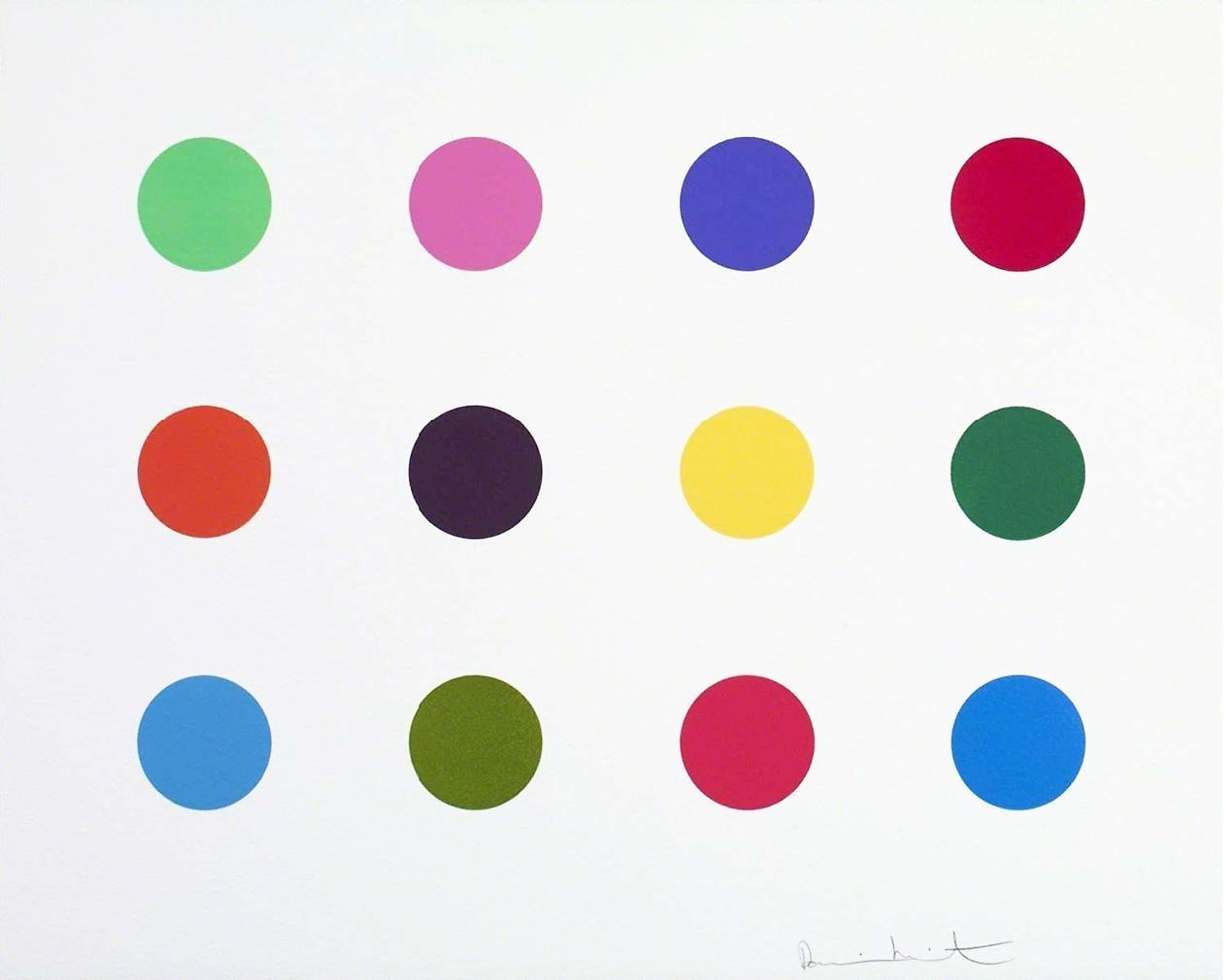 Une gravure sur bois de Damien Hirst, intitulée « Perillartine », représentant 12 taches colorées dans une grille de 3x4 sur fond blanc ; signée en bas à droite.