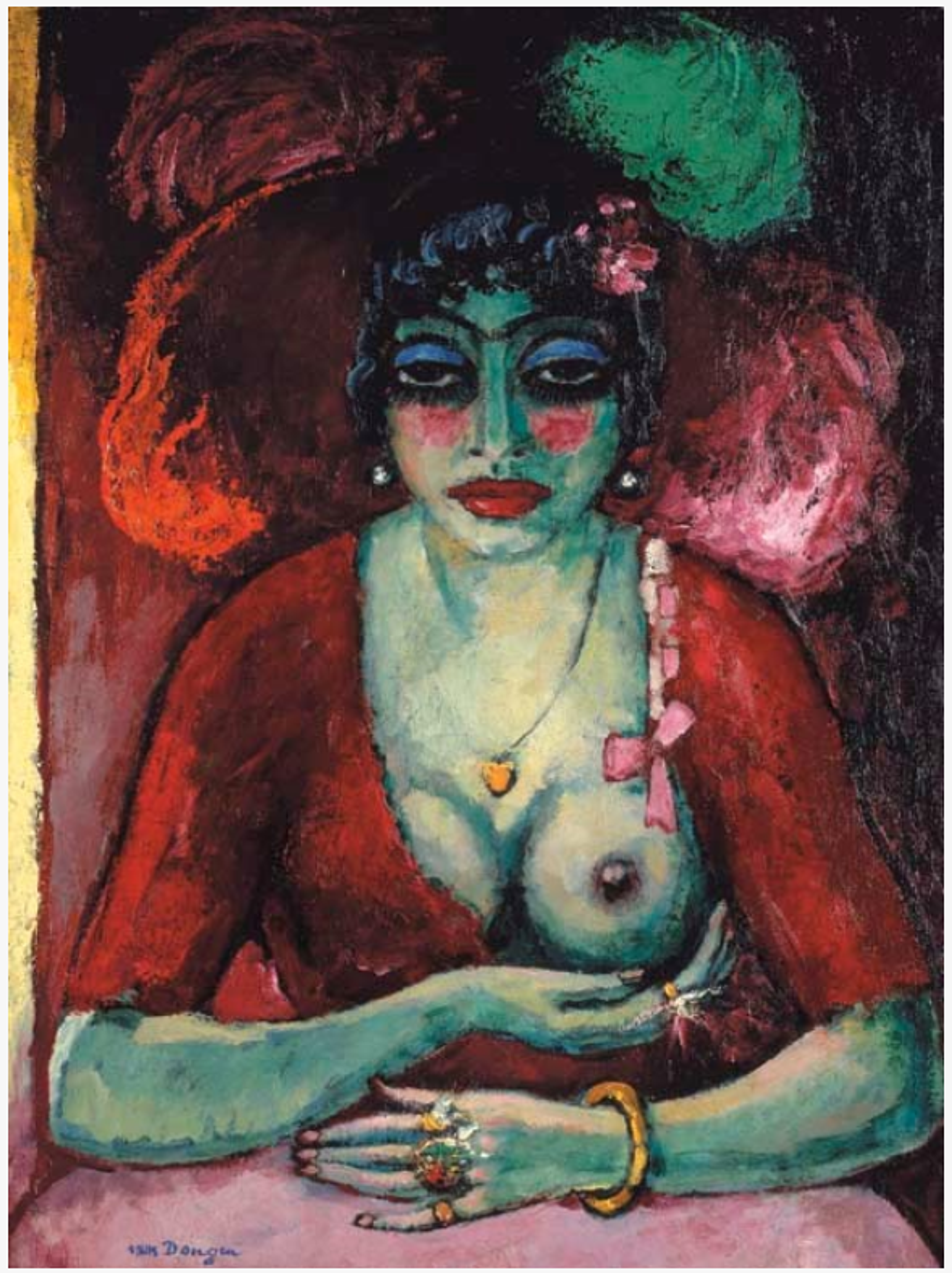 A seated woman with pale grey skin against a dark background. She leans forward across a pink table and cups her one exposed breast; the other is covered by her red dress. She wears an elaborate hat with large feathers. The background has a smoky effect, with a suggested light source in the lower left corner.