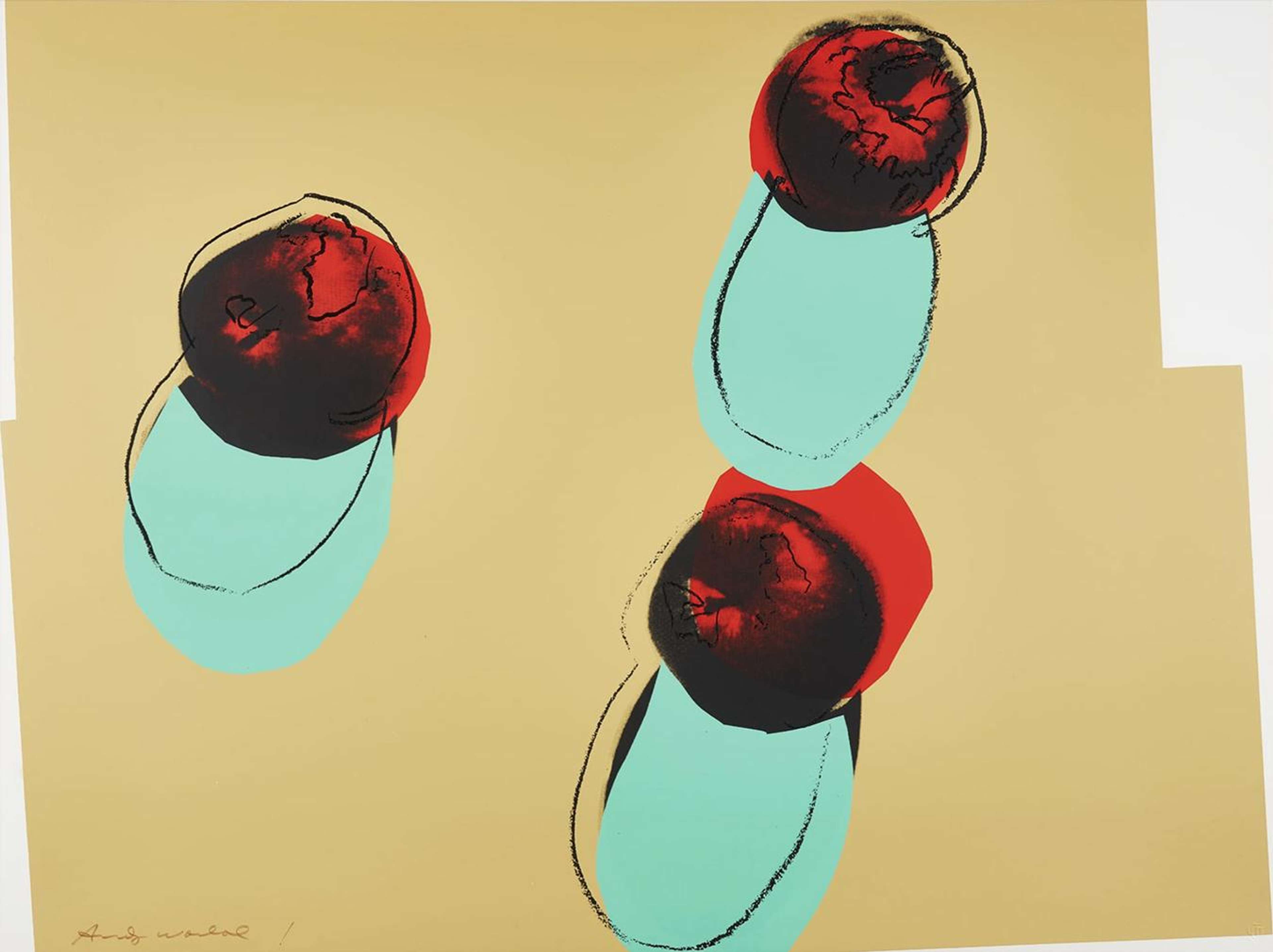 A Pop Art depiction of apples glowing in red and yellow tones against a contrasting teal background, their shapes edged in graphic black.
