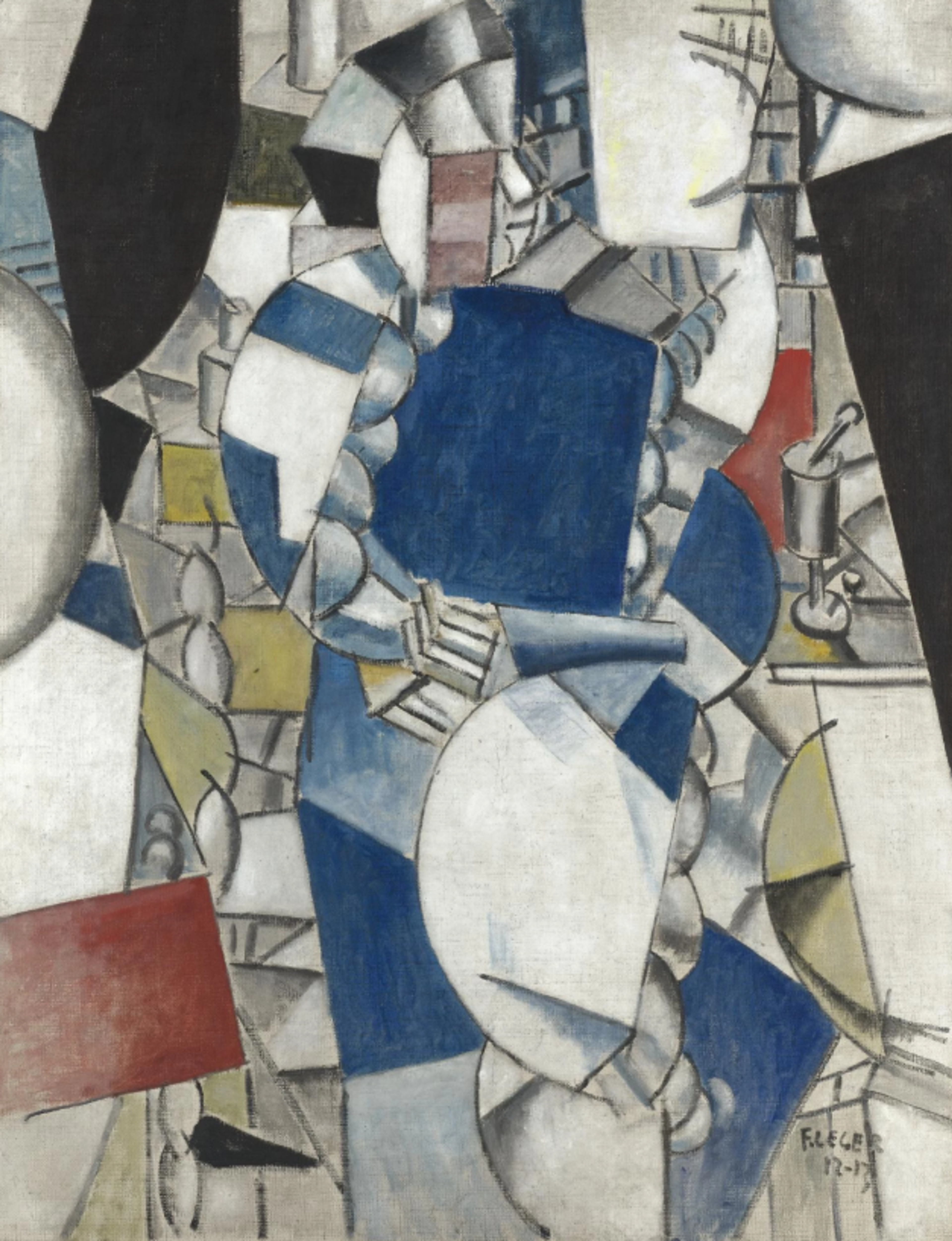 A Cubist painting with predominantly blue, white, and grey geometric forms. The fragmented shapes subtly suggest a seated figure through overlapping planes and angular elements. The composition balances curved and straight lines, creating a sense of volume despite the flattened perspective. Each shape is given general shading to add depth.