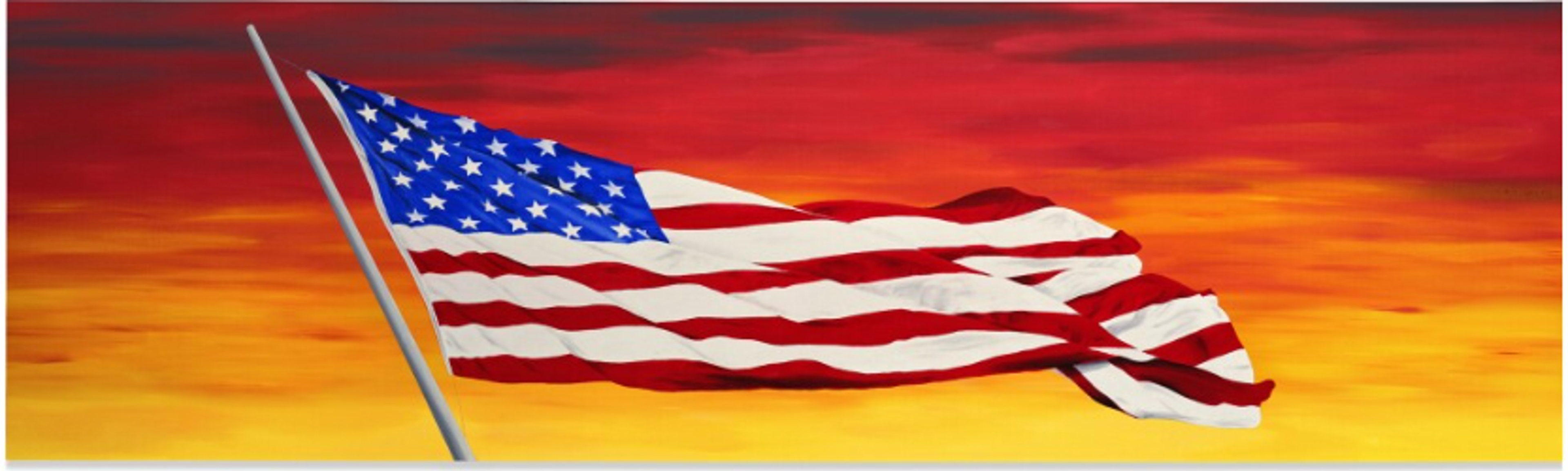 A realistic oil painting of the American flag on a flagpole, rippling in the wind. The sky behind it is a bright orange and red gradient, as if filled with fire.