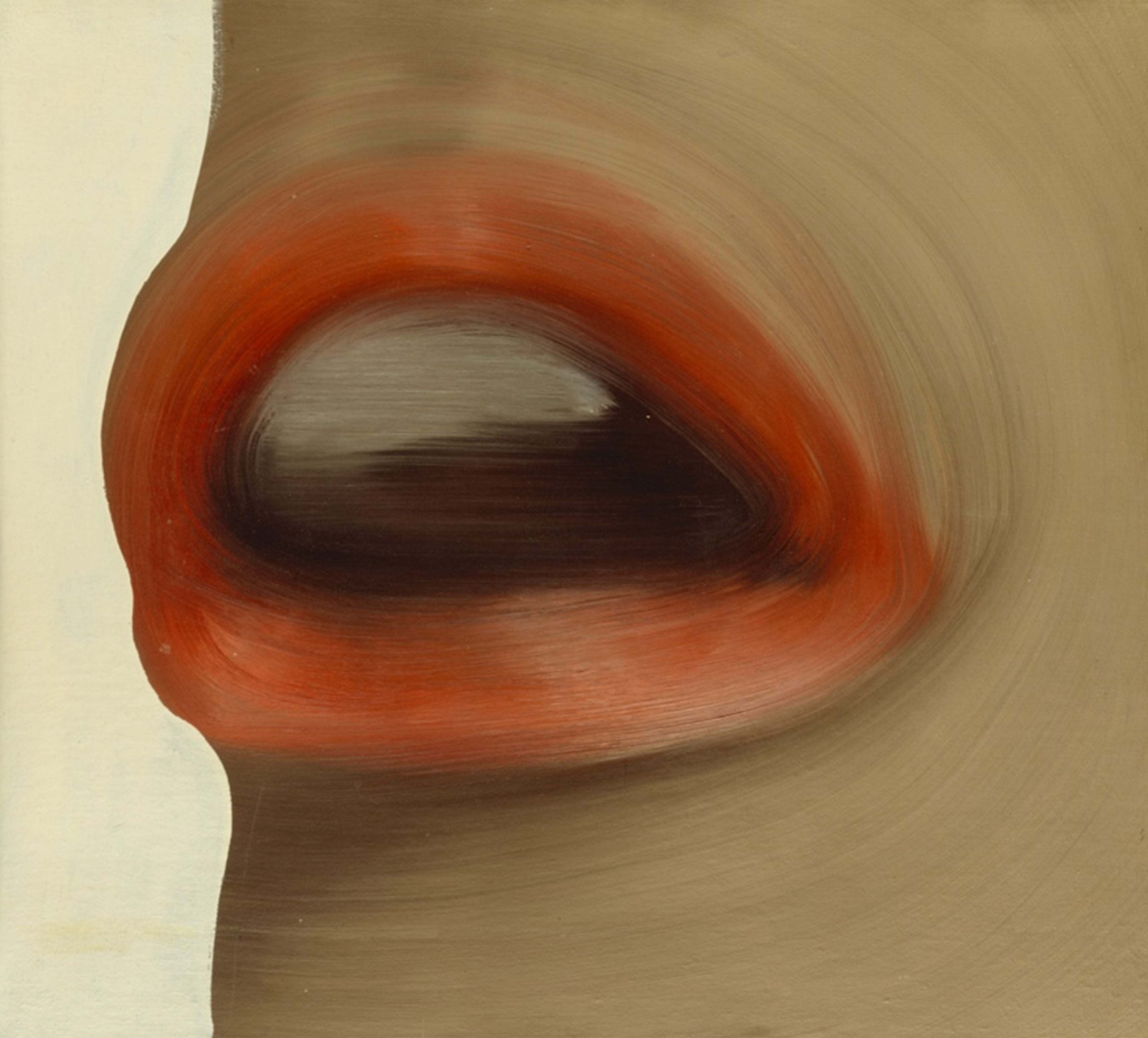 Peinture de Gerhard Richter, représentant la bouche de Brigitte Bardot. La bouche de l'actrice est entrouverte, ses lèvres étant maquillées d'un rouge orangé. Les coups de pinceau de l'artiste sont visibles et fluides.