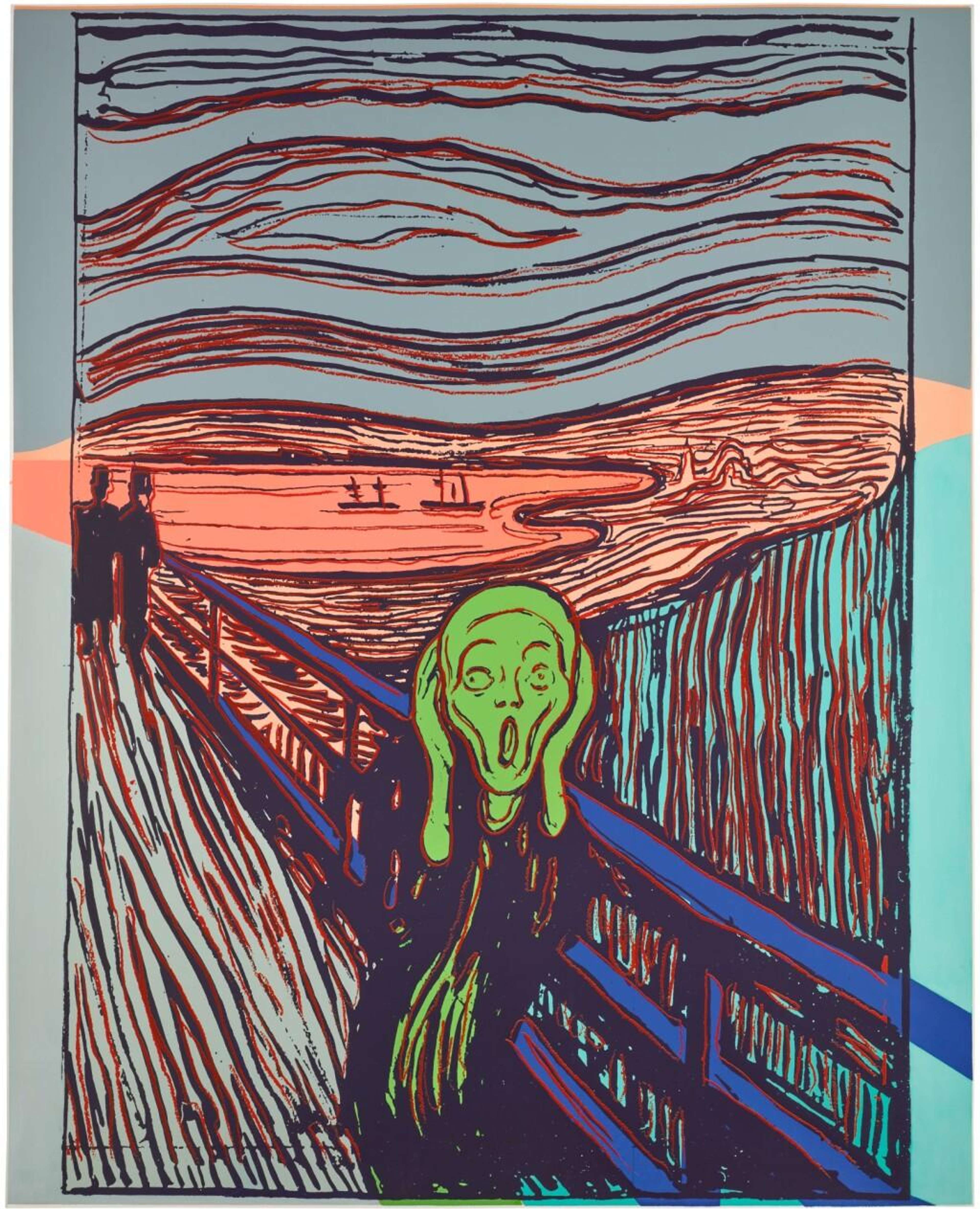 Une réinterprétation colorée du « Cri » de Munch, où le personnage central est dessiné en vert, avec un arrière-plan composé d'encre orange et bleue.
