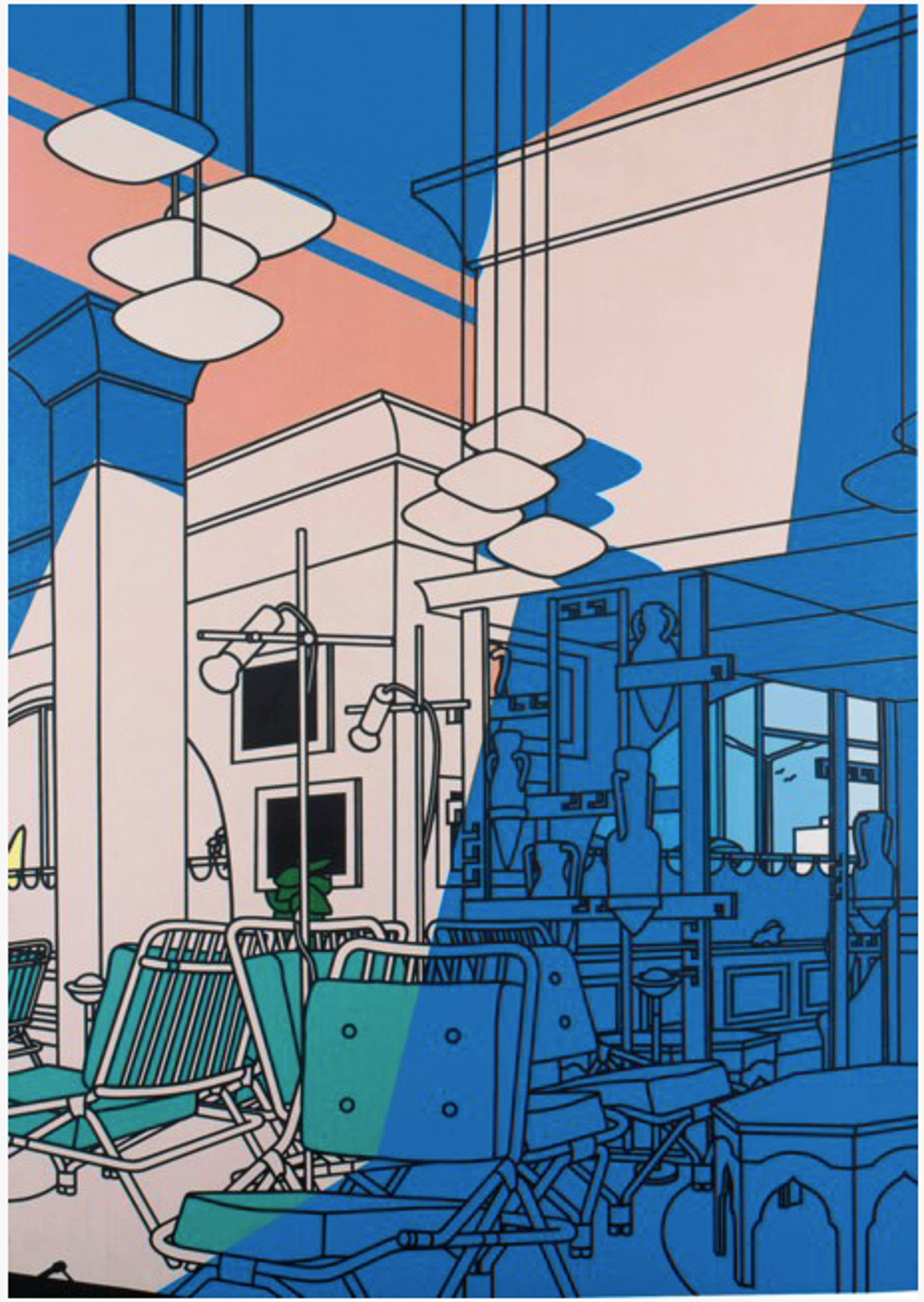 Peinture abstraite aux sections vibrantes de rose, de gris, de bleu et de sarcelle, rehaussées par de lignes noires audacieuses. Elle dépeint un salon intérieur avec des piliers, des luminaires suspendus, des tables, des chaises, des cadres de tableaux et des plantes.