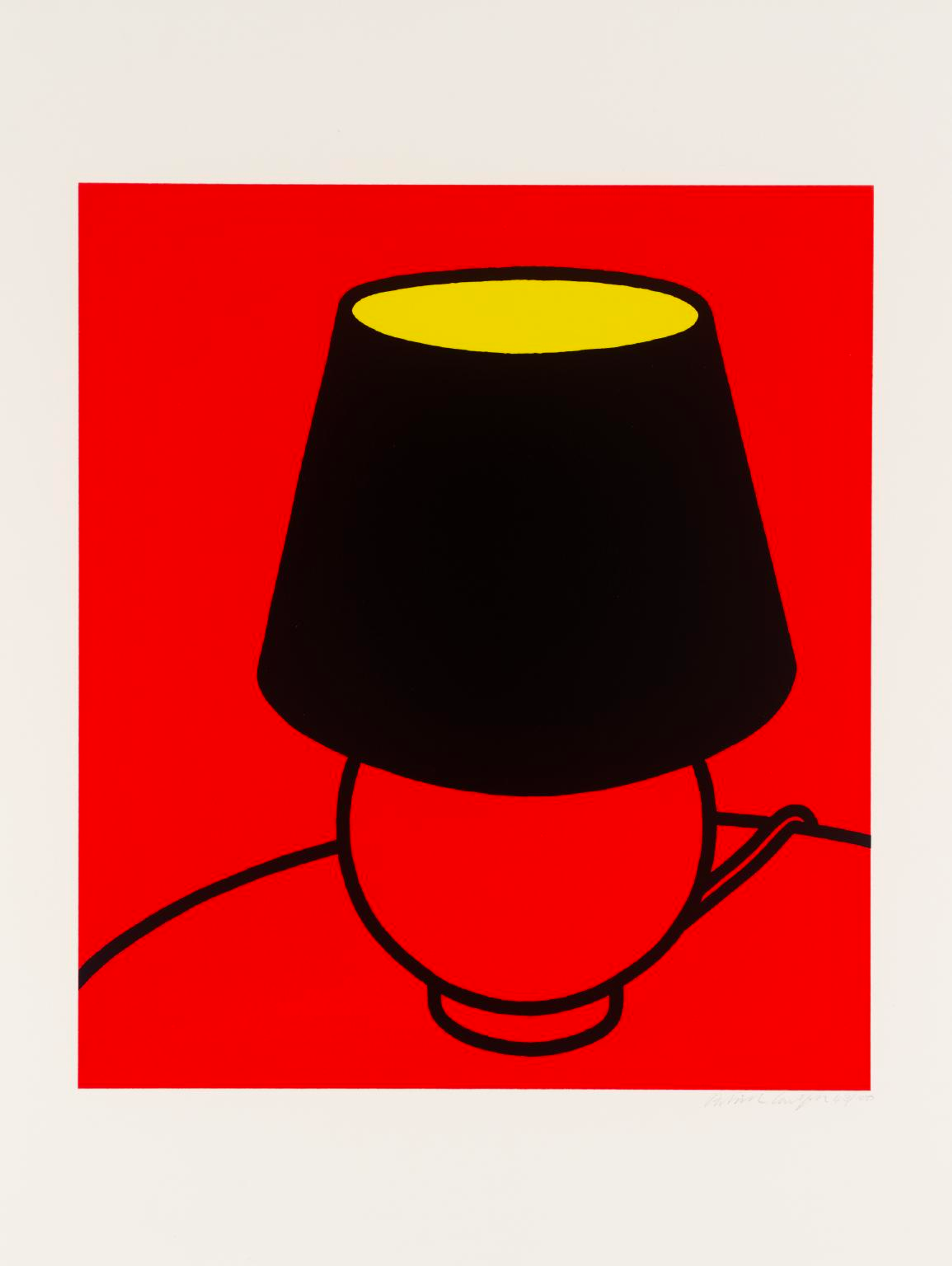 Un dessin au trait d'une lampe de table avec une lumière qui filtre à travers, le tout sur un fond rouge éclatant.
