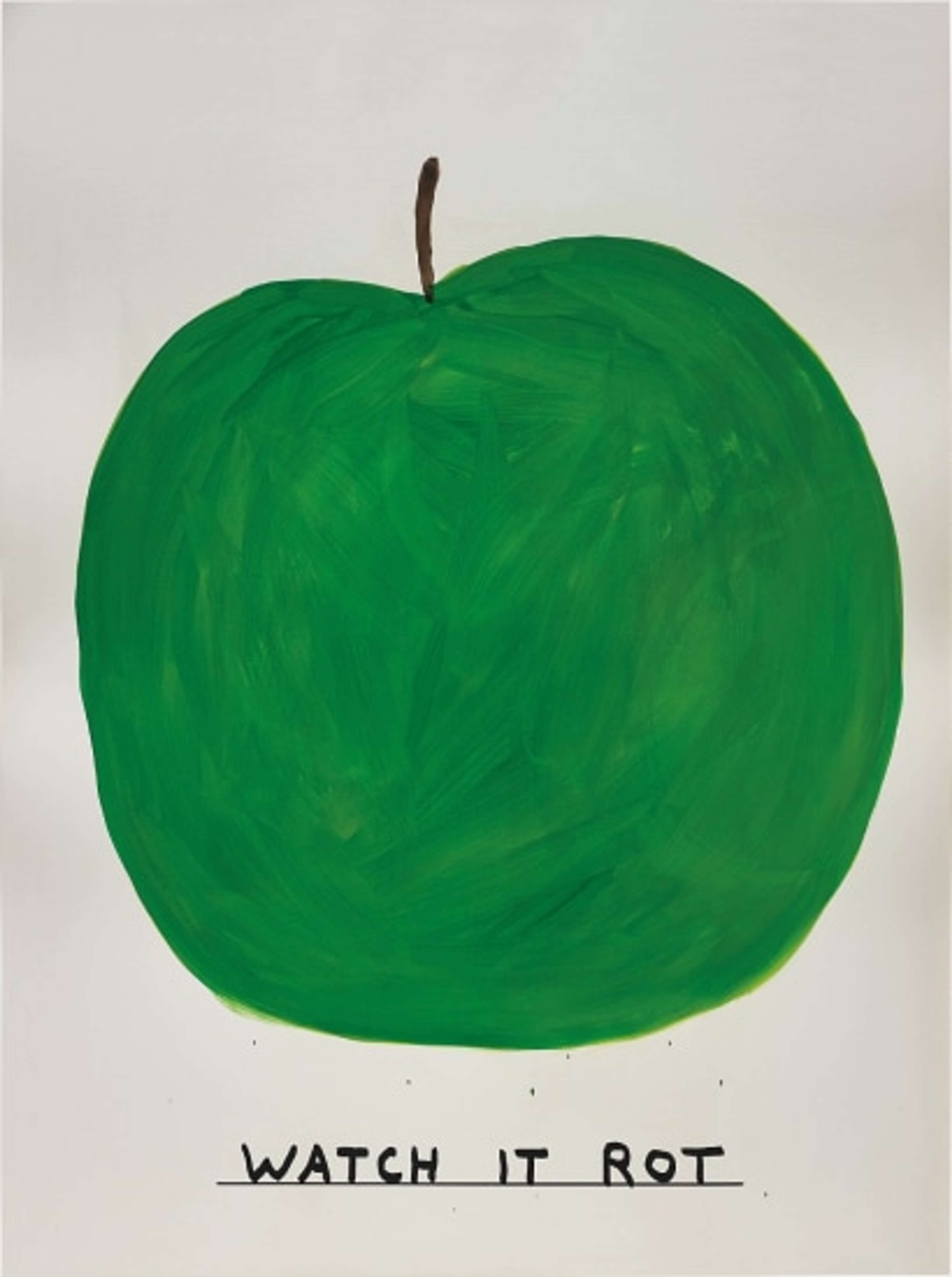 Une estampe intitulée « Untitled » de David Shrigley. Une grosse pomme verte occupe la majeure partie de l'image, avec un texte souligné en dessous indiquant « watch it rot » (regarde-le pourrir).