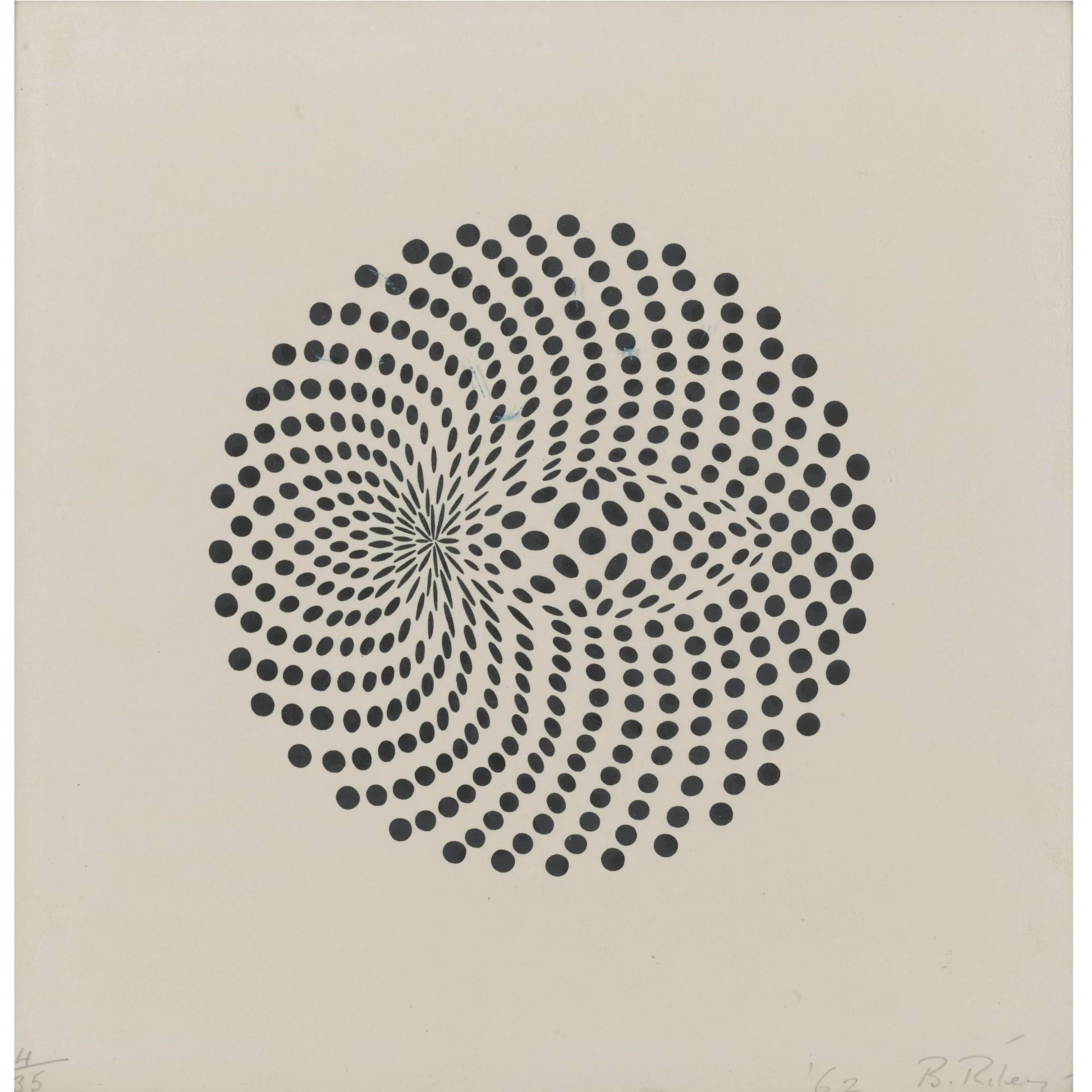 L'estampe représente un motif fascinant composé de taches noires. Les taches sont disposées en cercle, mais certaines semblent écrasées en ovales, ce qui incite le spectateur à observer attentivement les points qui composent l'œuvre.