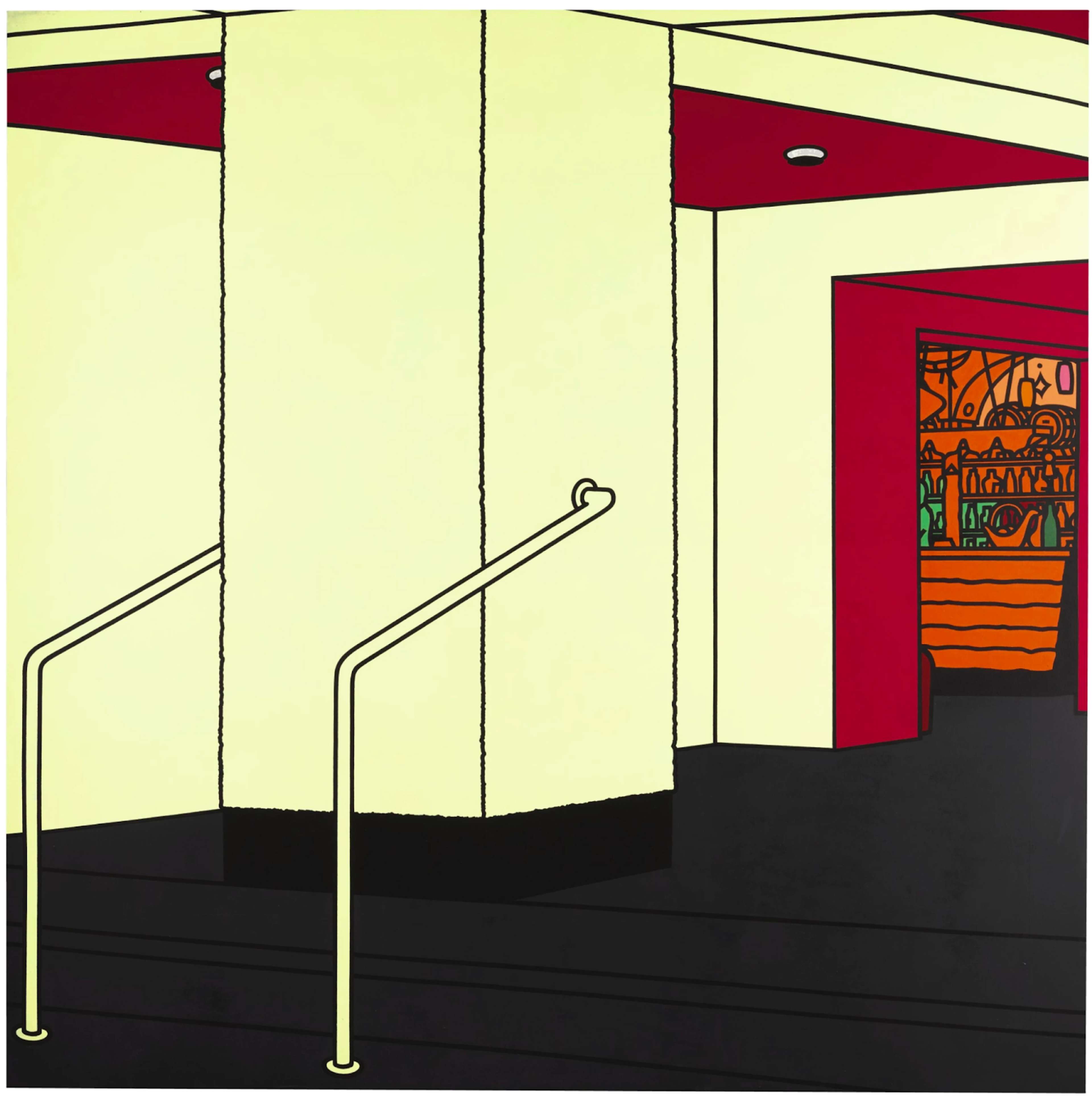 An empty reception area with white walls, yellow lighting, and black floors, leading into a distant orange room with pops of green and intricate wall ornamentation.