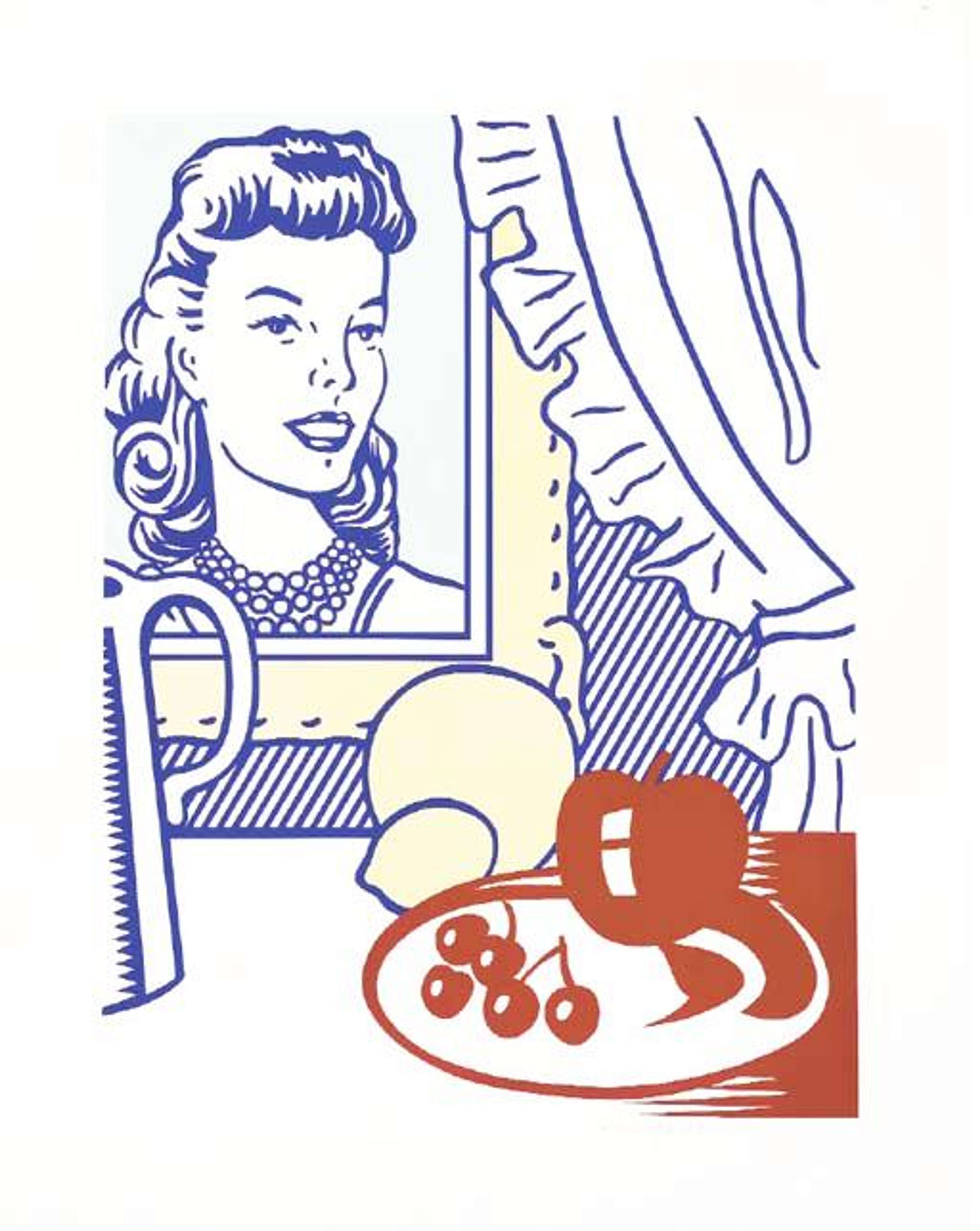 A framed comic-book woman hangs above a table of fruit and drapery, merging still life and Pop glamour.
