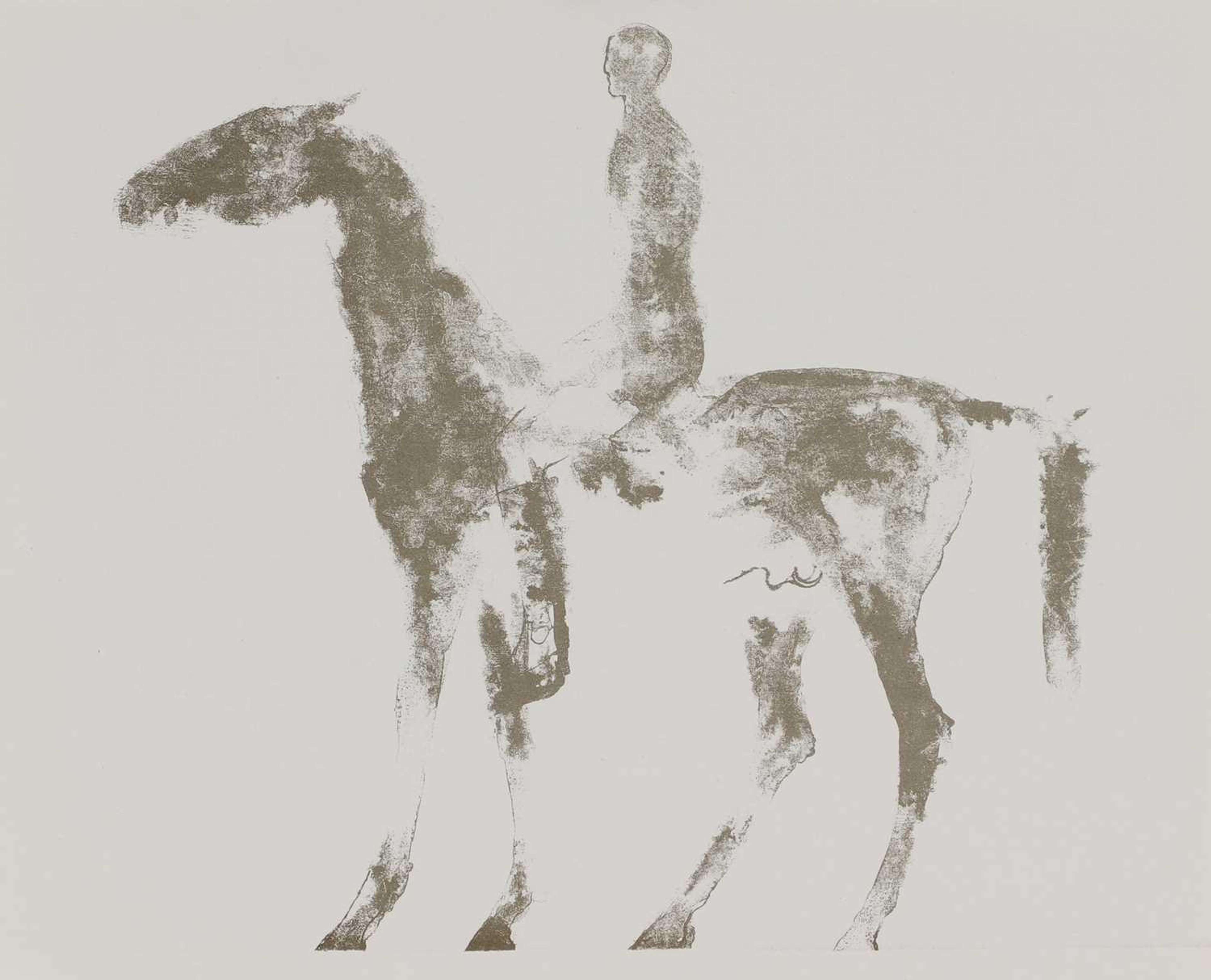 Une image grise, brute, texturée et quelque peu délavée, représentant un cavalier assis très droit à l'arrière d'un cheval. Les sujets sont vus de profil, avec très peu de détails et de définition.