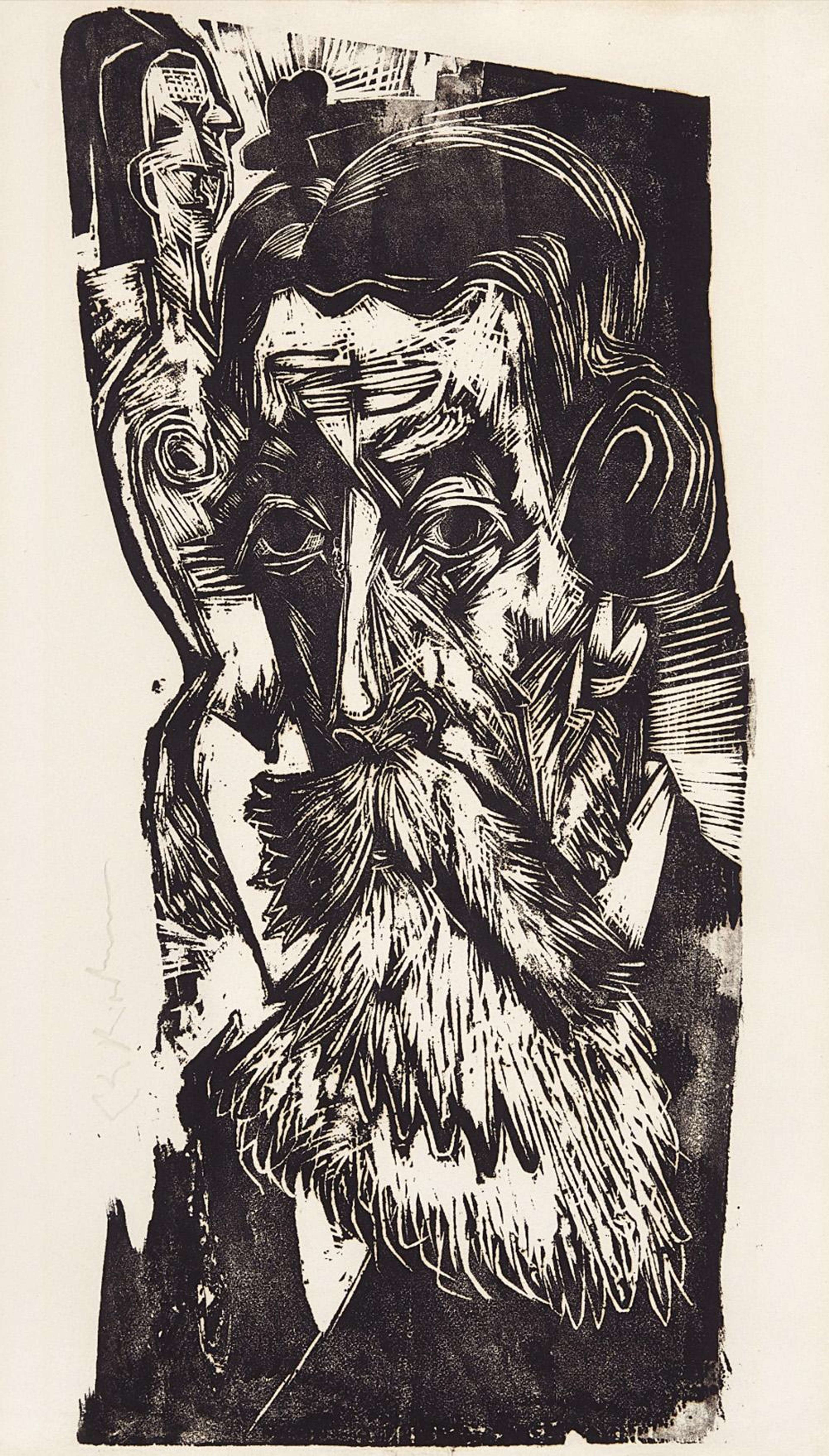 Estampe en noir et blanc réalisée au bois représentant le marchand d'art allemand Ludwig Schames. Schames est dépeint avec une barbe touffue et volumineuse, portant un costume noir sur une chemise blanche, et des cheveux qui bouclent au-dessus de ses oreilles. Ses traits sont anguleux et proéminents, exagérés par le style brut et expressif de l'estampe. Il regarde le spectateur, tournant légèrement la tête pour ce faire.