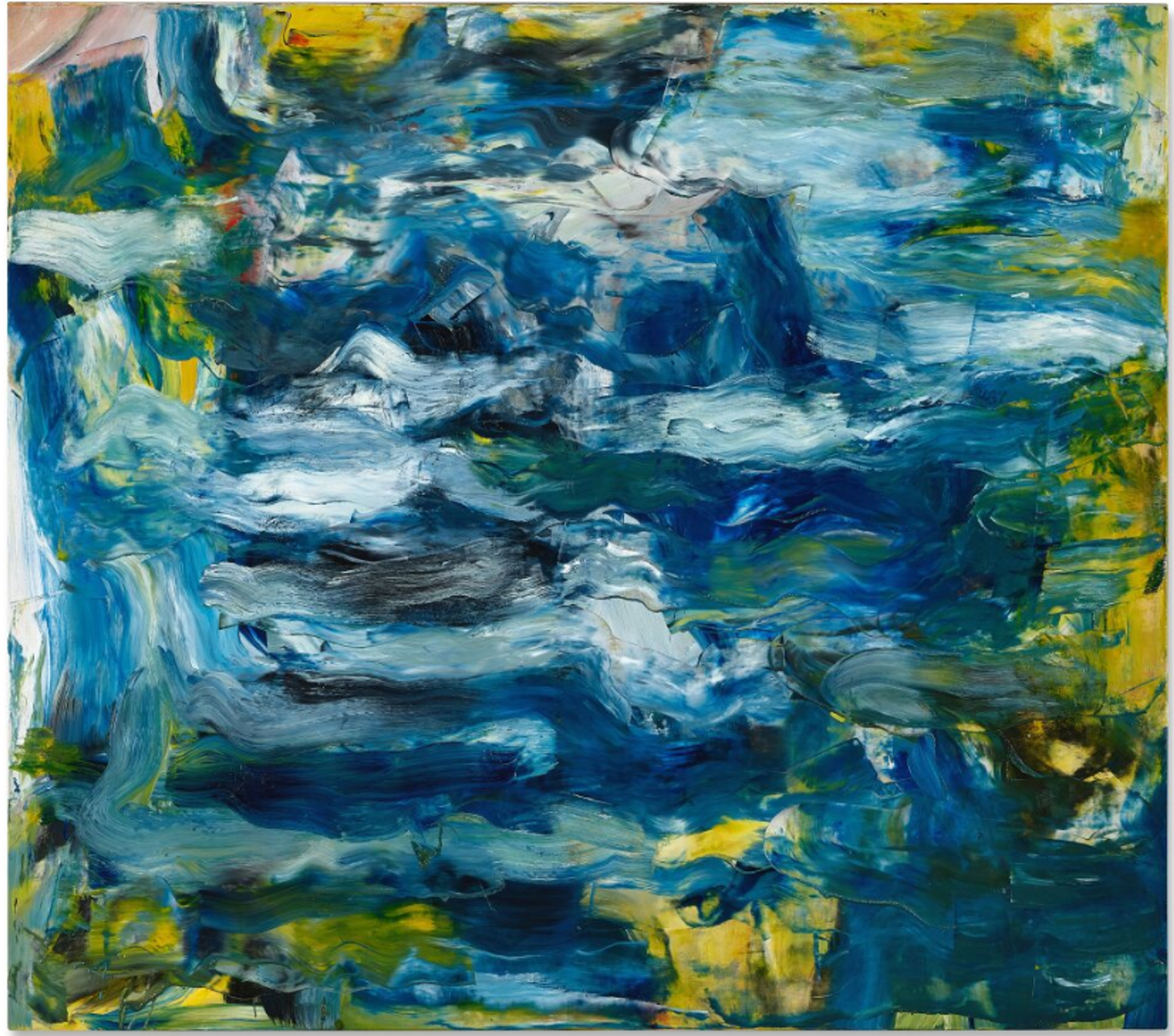 An abstract painting in predominantly blue and yellow tones suggesting a water-like surface. The composition features horizontal brushstrokes that create a sense of movement and reflection.