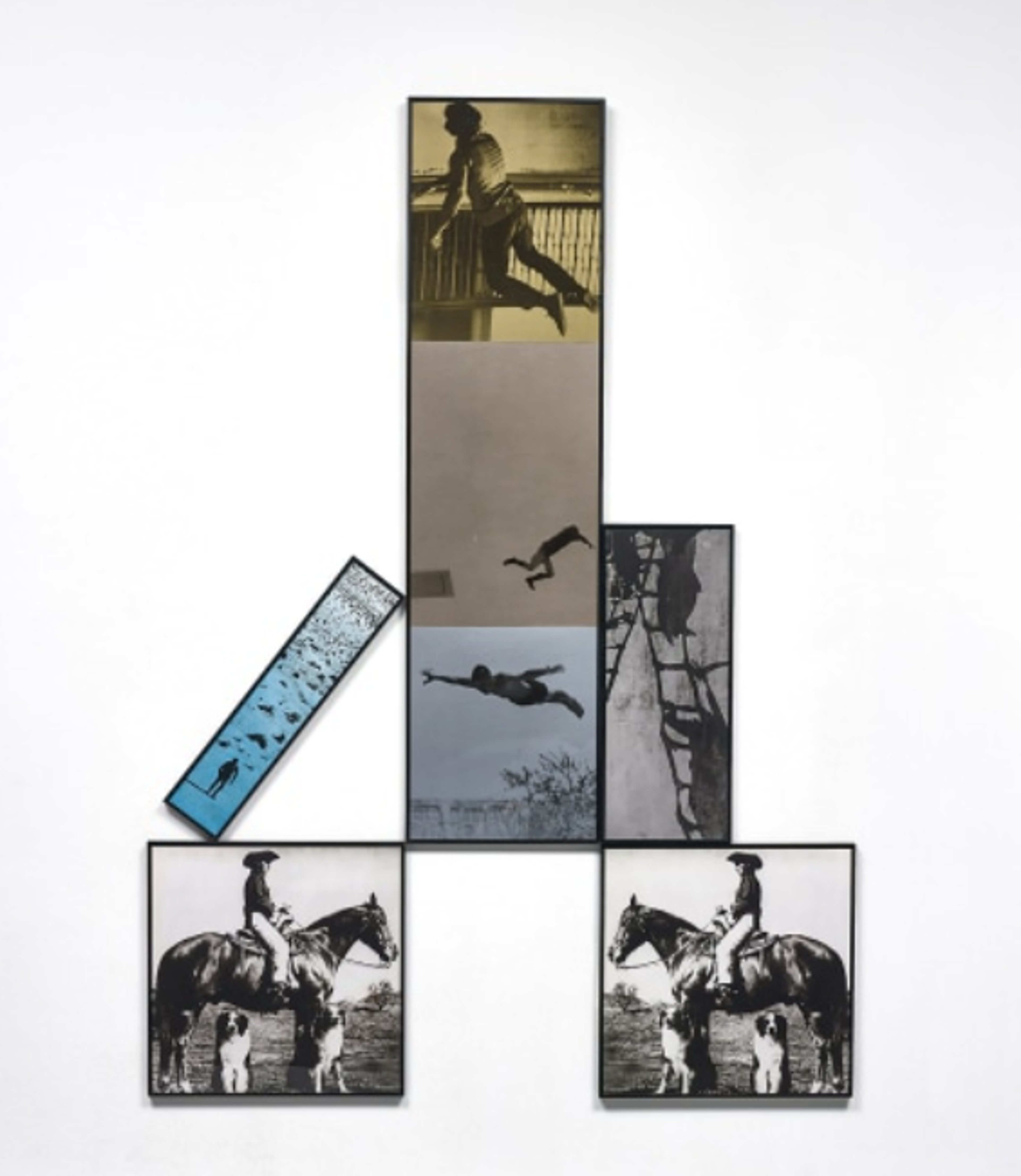 A conceptual photographic composition consisting of six black-and-white, colour, and sepia photographs arranged in a geometric pattern. The central panel shows three figures falling against different backgrounds. To their left, a narrow, tilted image shows the silhouette of a man walking across snowy ground. To the right is an upside-down image of silhouetted men climbing a rope ladder. Underneath these elements are mirrored images of horse riders with dogs below.