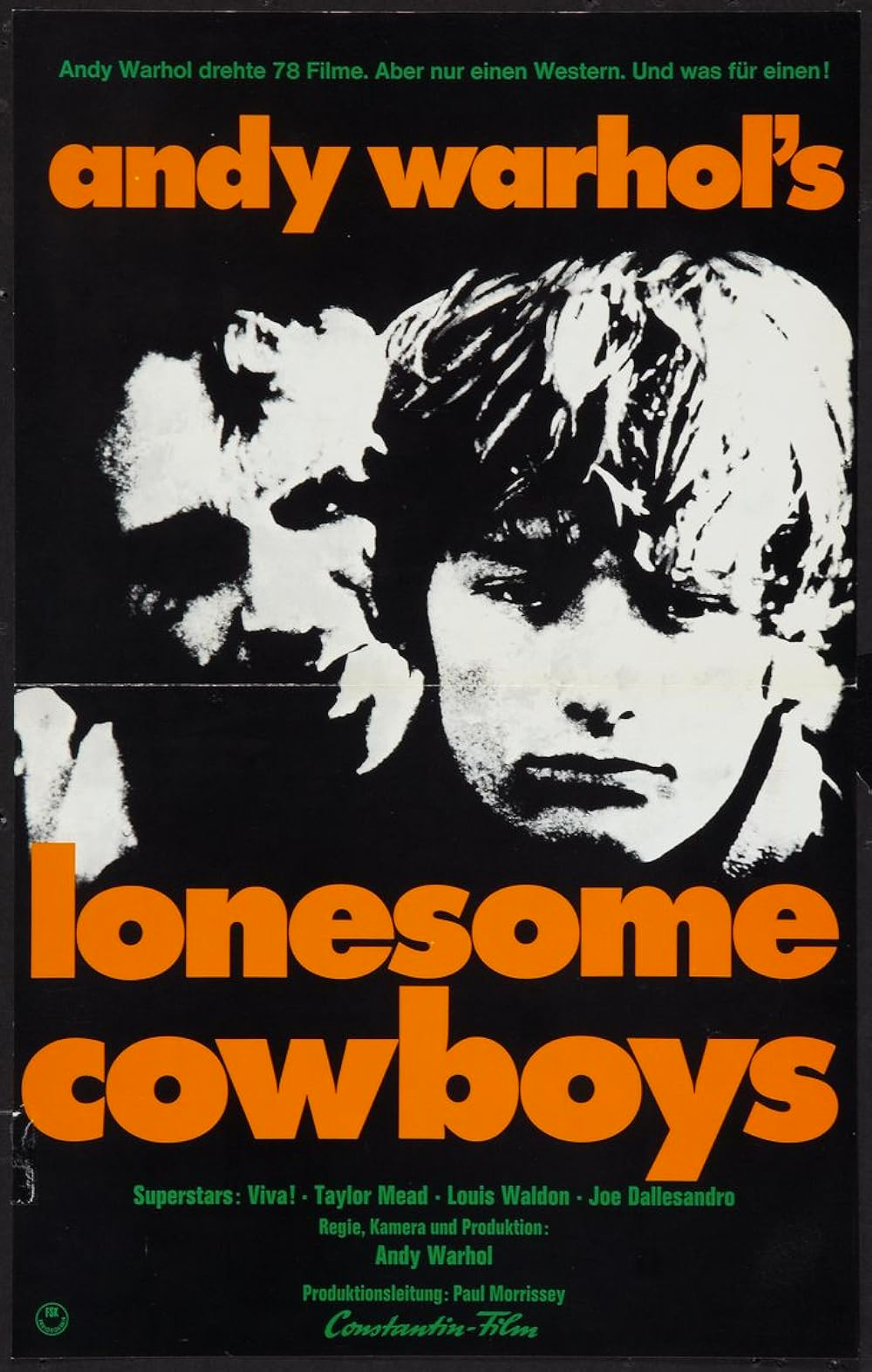 Le modèle pour Lonesome Cowboys d'Andy Warhol. Il s'agit d'une image en noir et blanc de deux hommes fixant le spectateur. Le nom de Warhol et le titre du film apparaissent en orange vif.