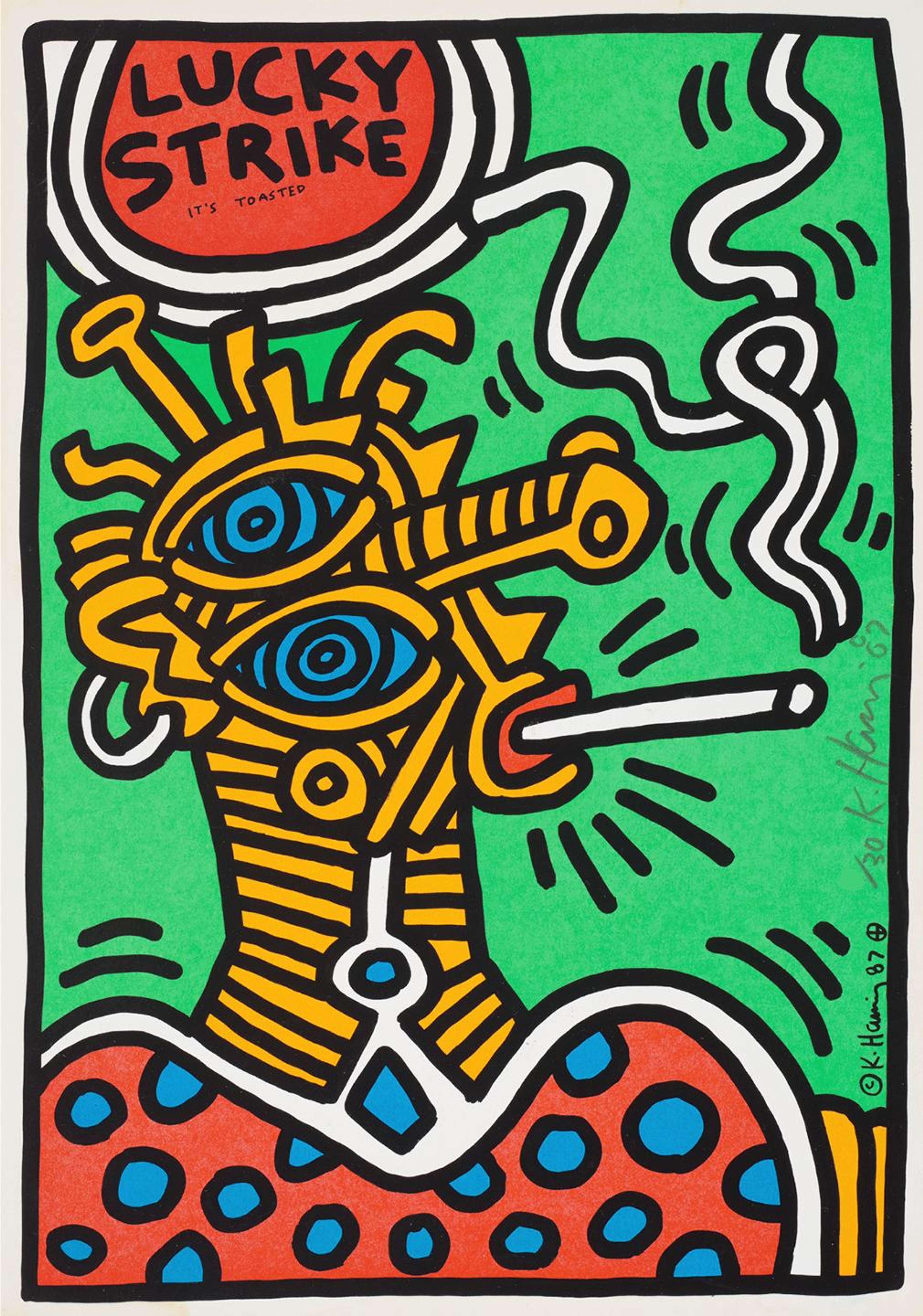 Un personnage abstrait composé de formes de style bande dessinée, fumant une cigarette.