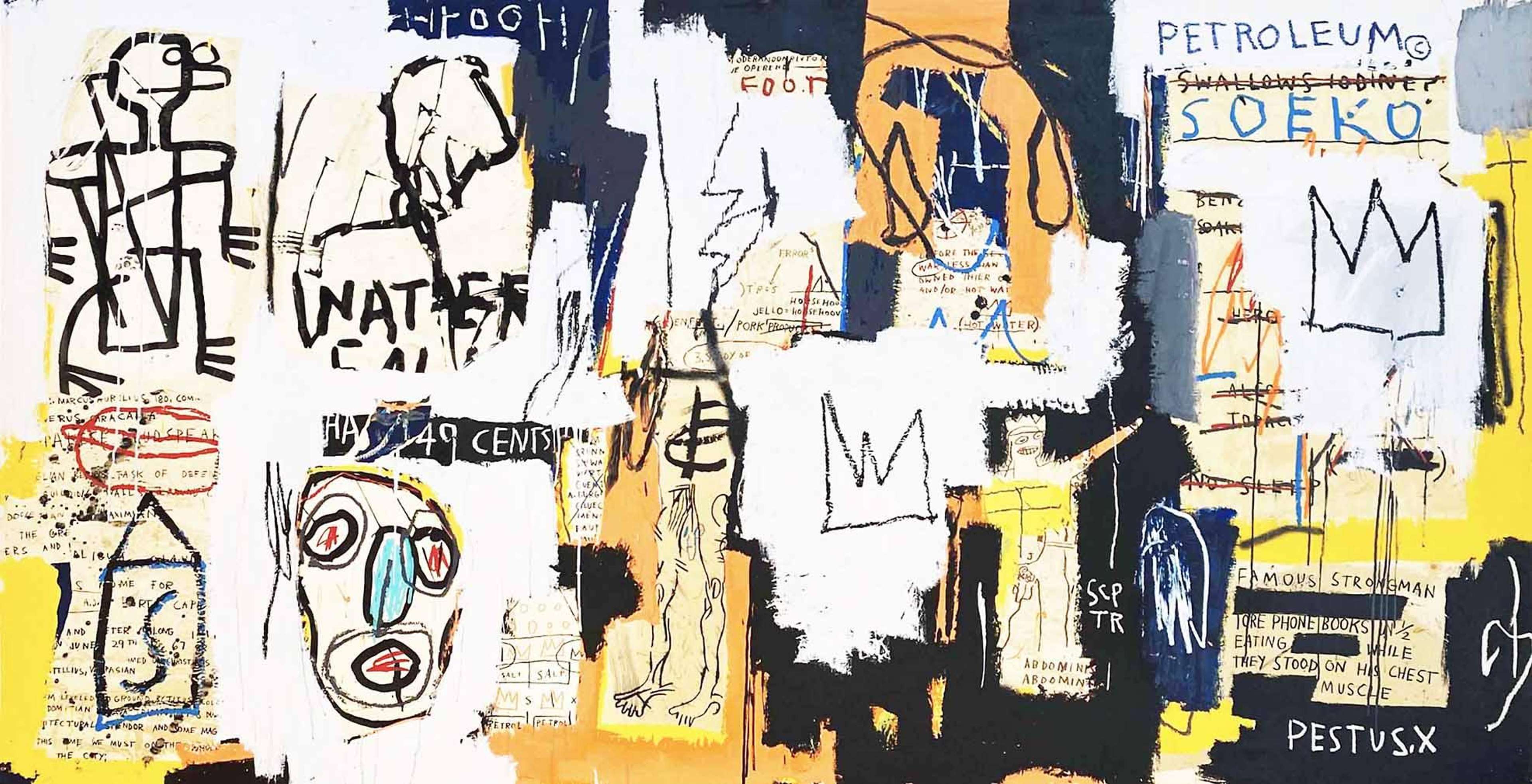 Abstract sketches of figures and symbols under layers of paint