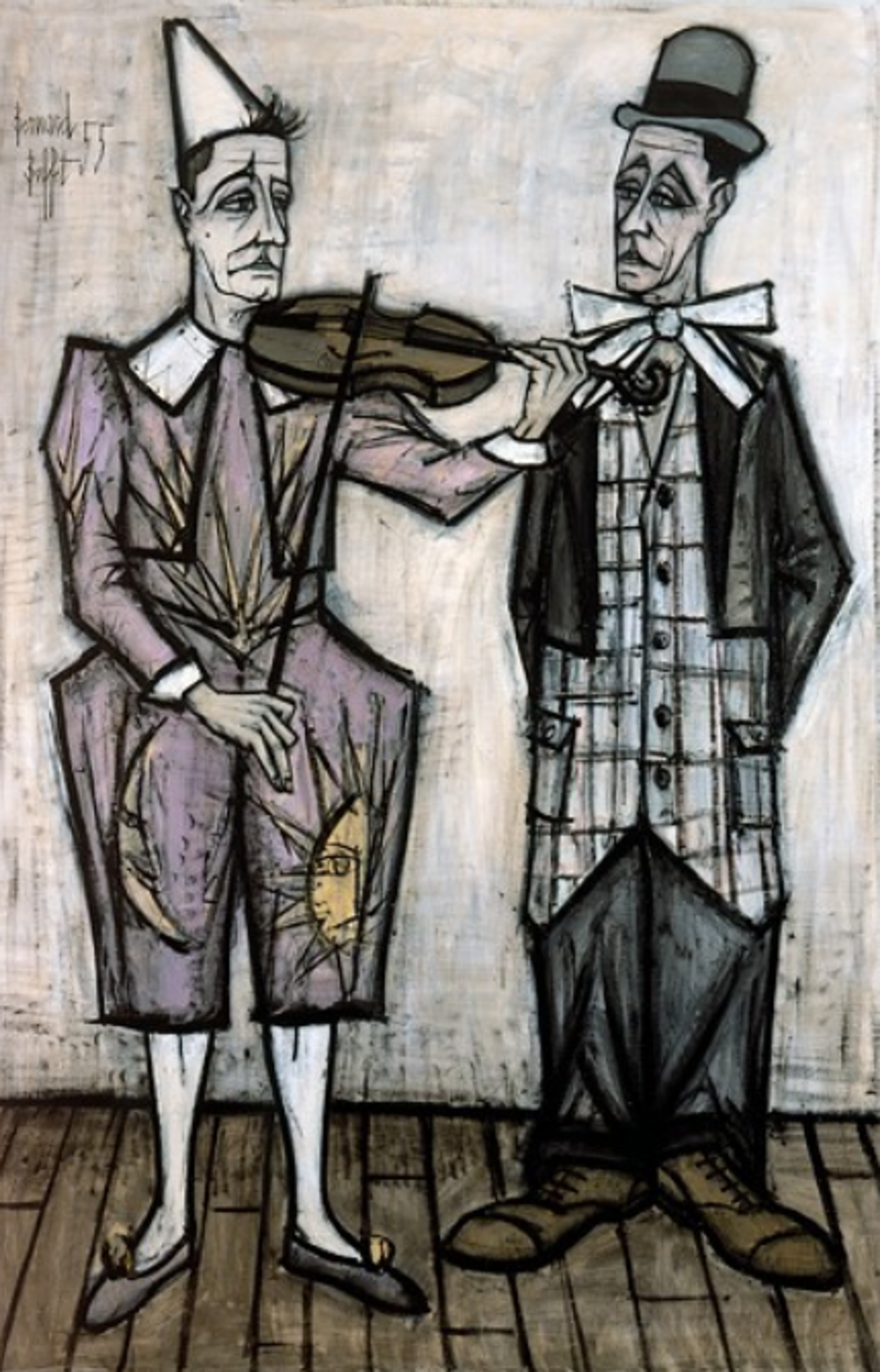 A sombre, muted scene featuring two elongated clown figures, both turning slightly to look at each other. The clown on the left plays the violin. Both wear oversized clothes, hats, and black-and-white make-up that exaggerates their sad expressions. 