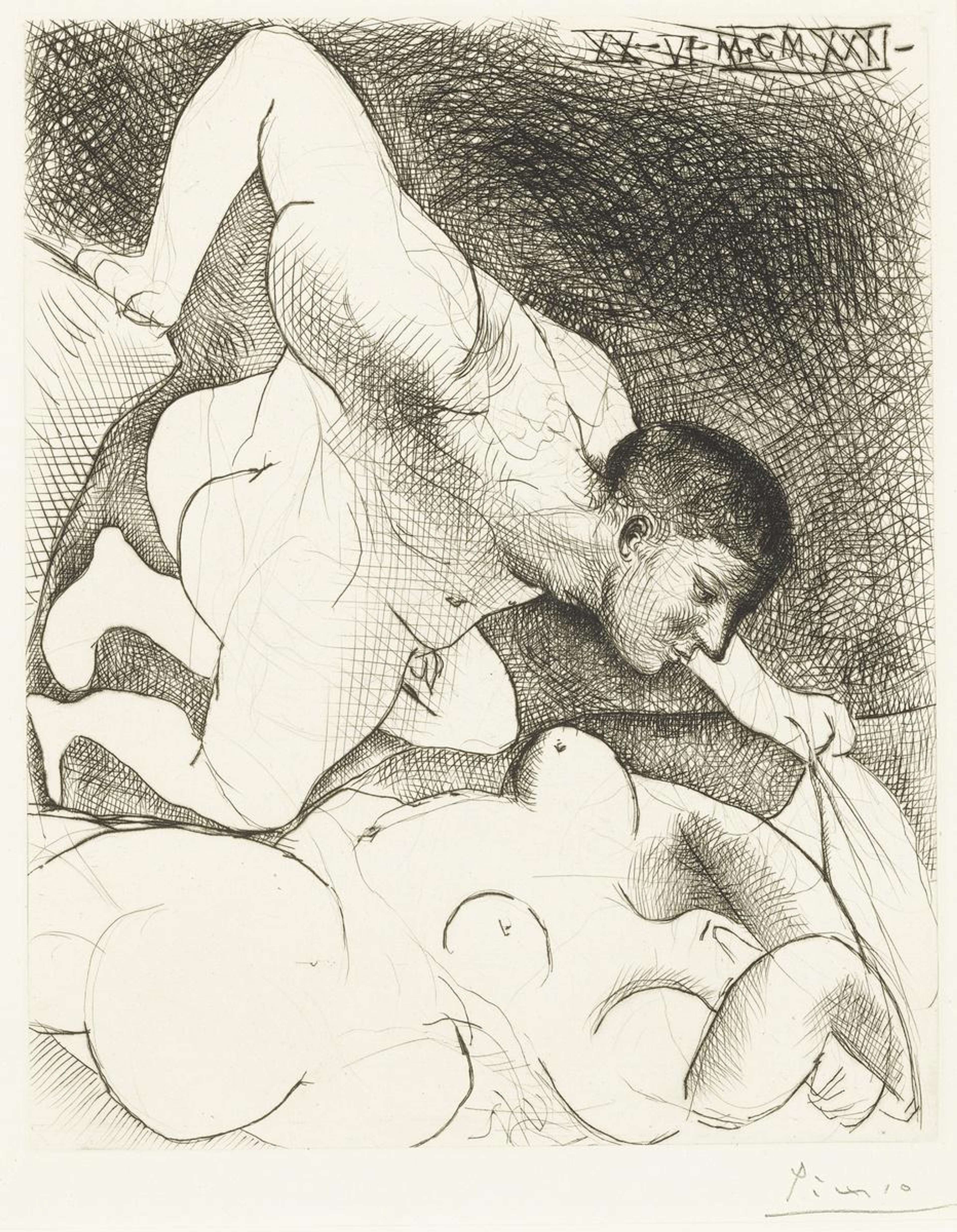 Cette estampe monochrome de Pablo Picasso représente une figure masculine découvrant une figure féminine nue allongée.