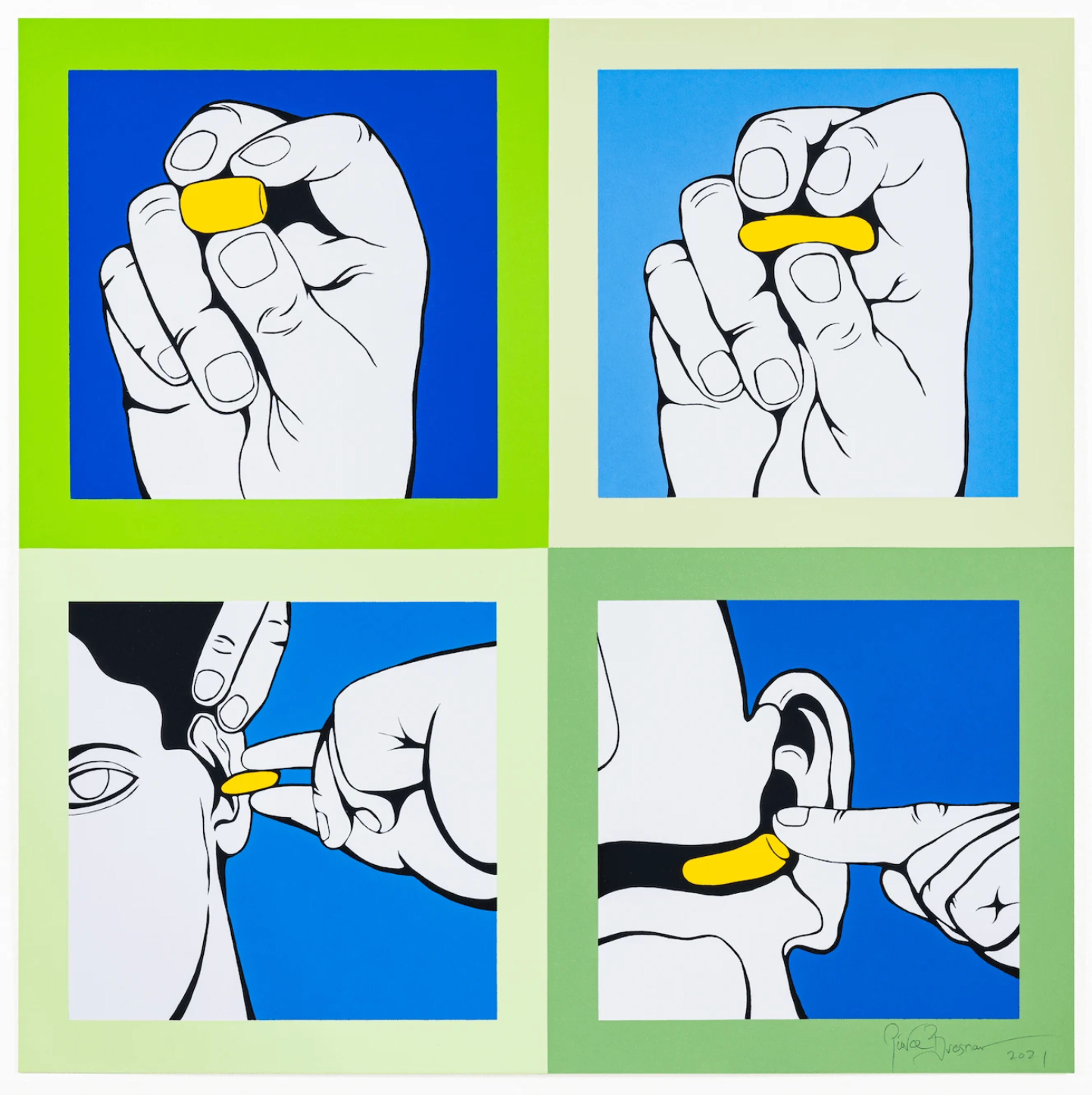 Quatre estampes illustrant comment insérer un bouchon d'oreille dans une palette de couleurs vert, bleu, jaune, noir et blanc.